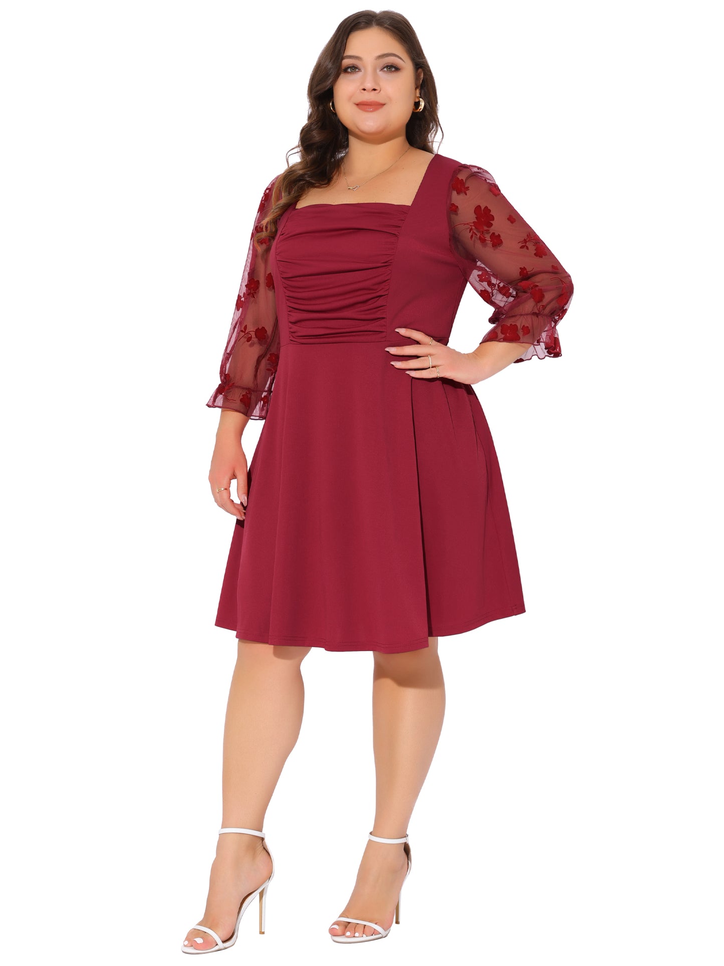 Women Plus Size Dresses Square Neck Floral Mesh Long Sleeves Evening Party Dress