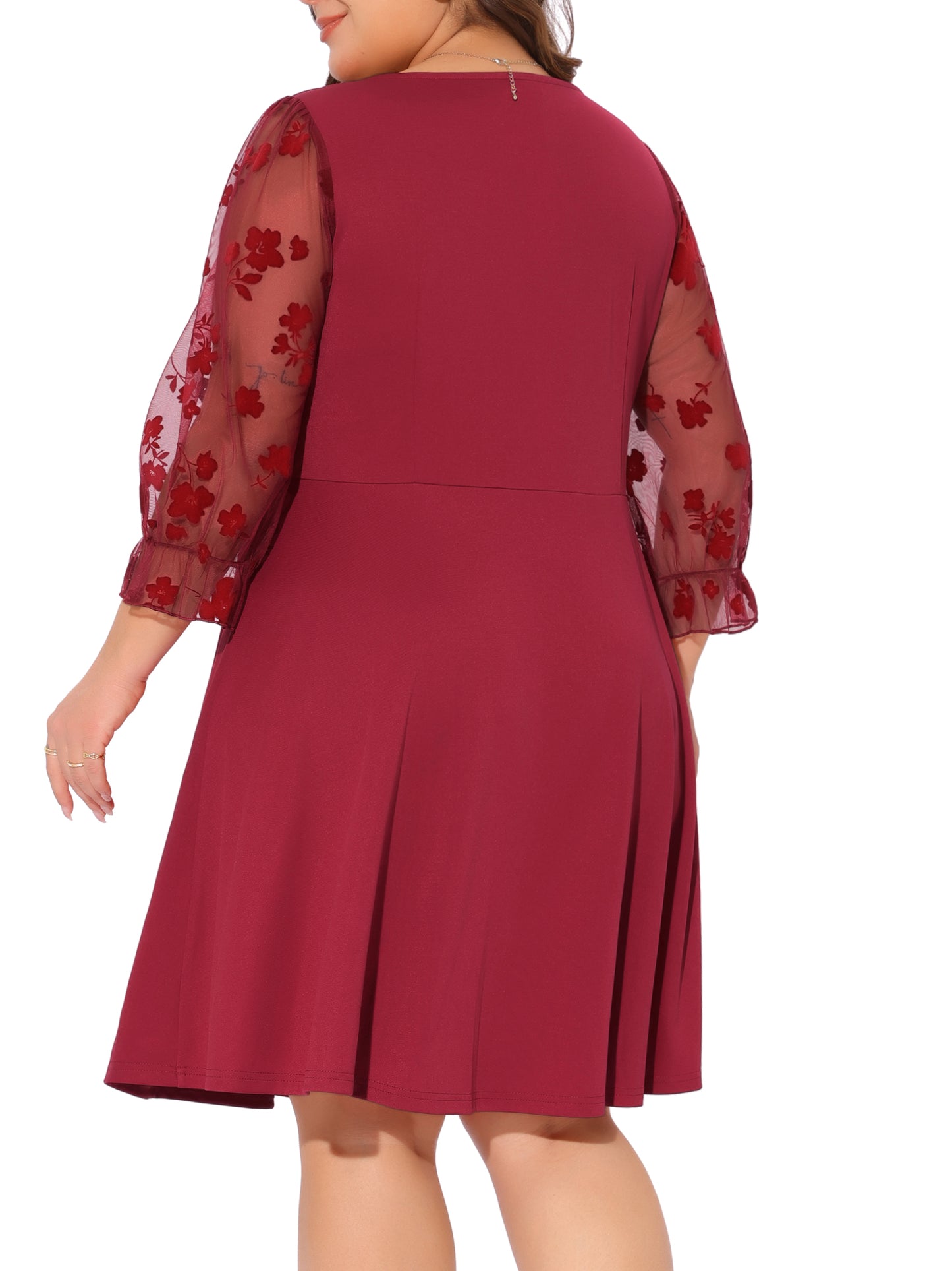 Women Plus Size Dresses Square Neck Floral Mesh Long Sleeves Evening Party Dress