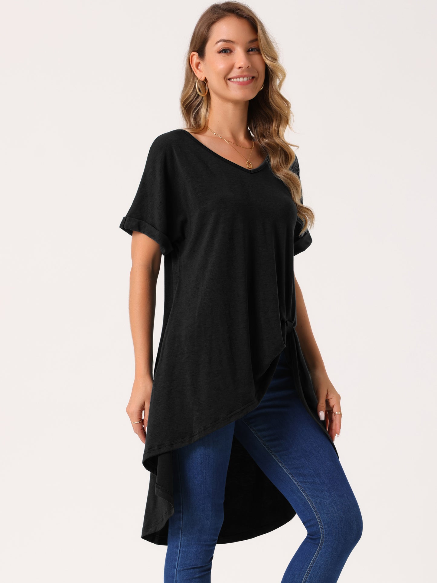 Women's Short Sleeve High Low Tops Waist Knot Asymmetrical Top V Neck Dressy Casual Blouse