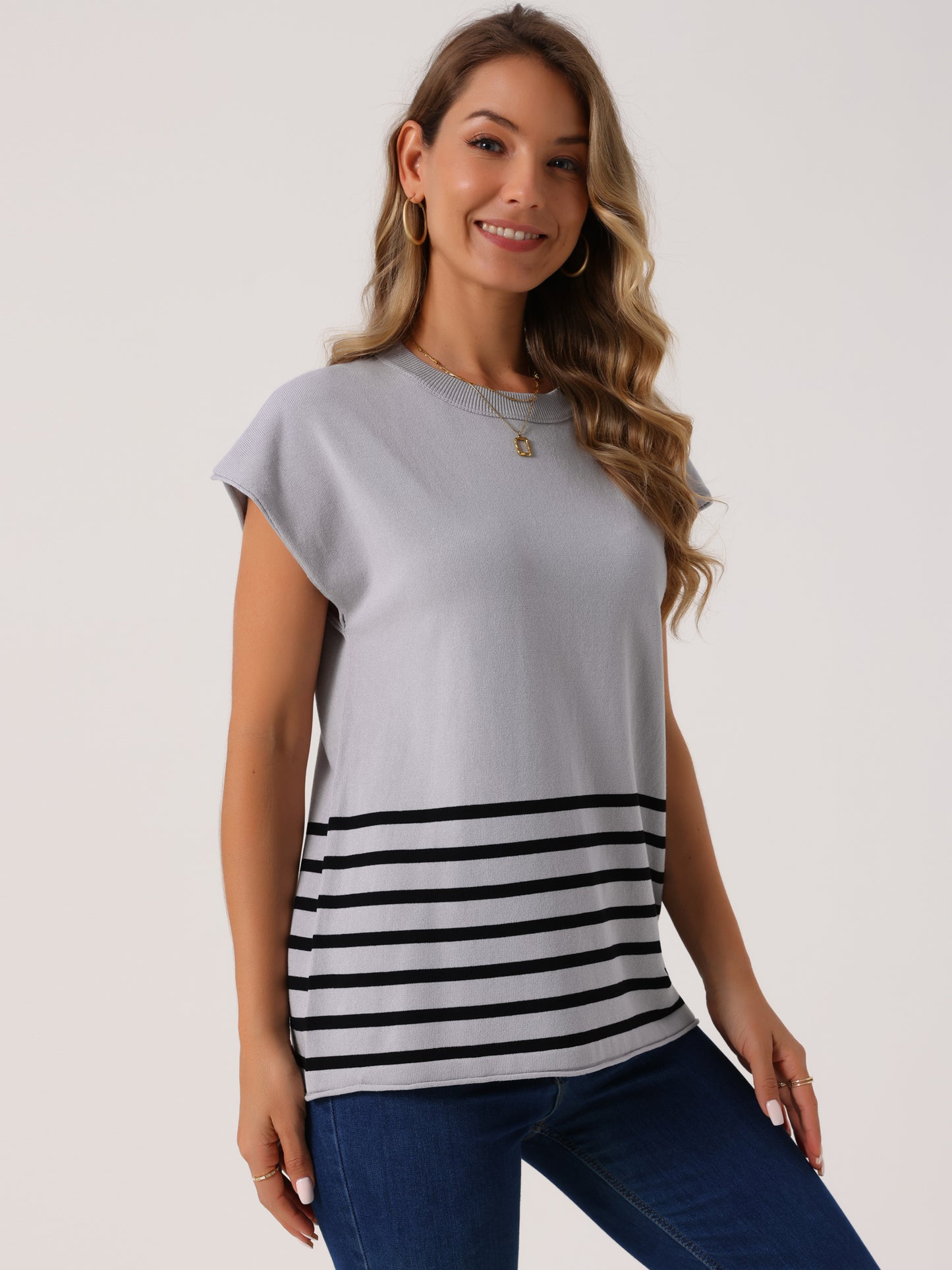 Women's Sleeveless Round Neck Striped Sweater Vest Casual Cap Sleeve Ribbed Knit Pullover Tank Top