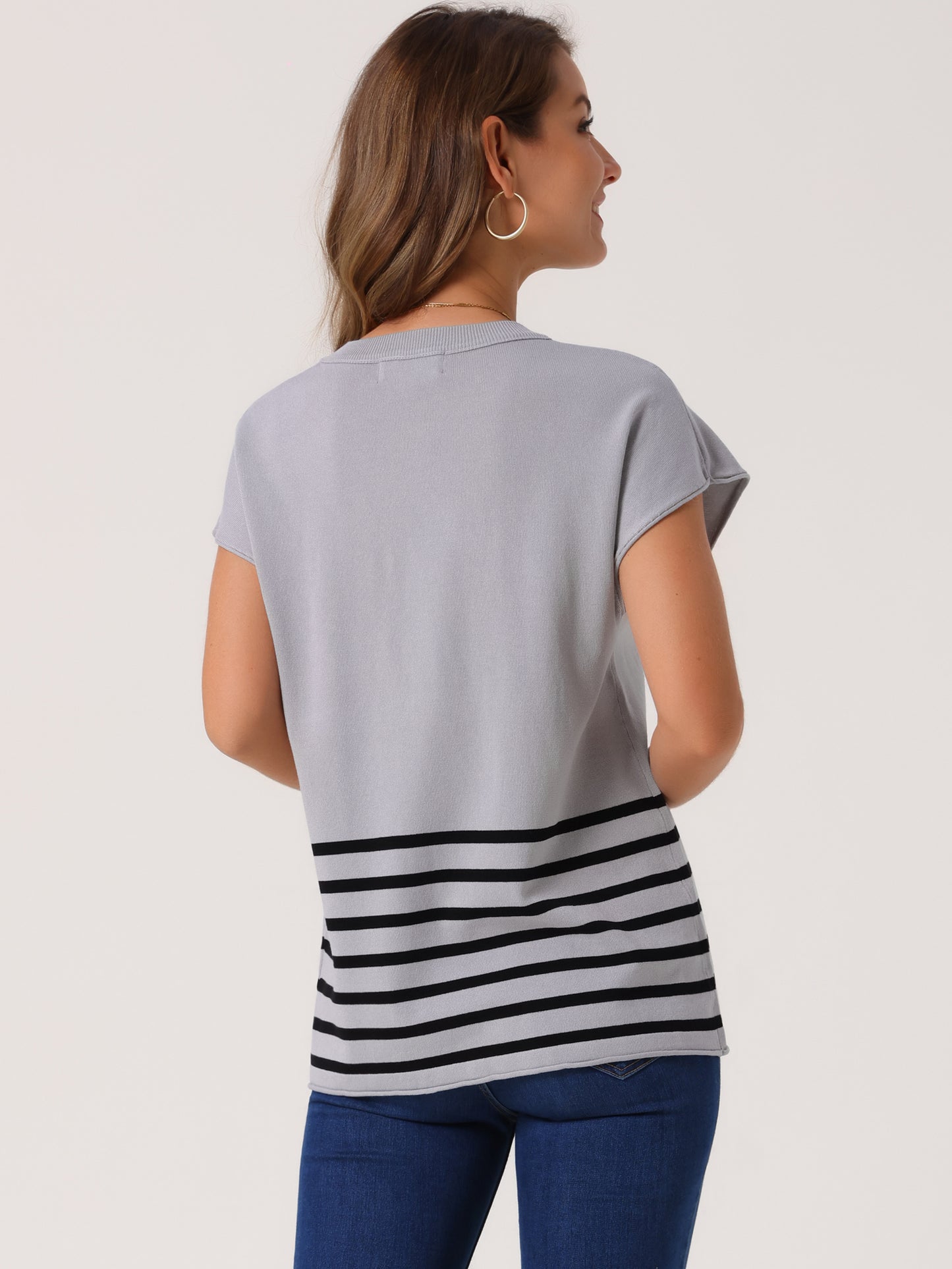 Women's Sleeveless Round Neck Striped Sweater Vest Casual Cap Sleeve Ribbed Knit Pullover Tank Top