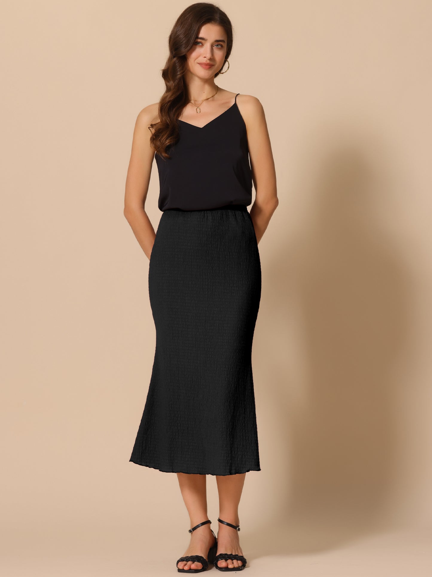 Women's Texture Stretchy Bodycon Lettuce Hem Elastic High Waist Maxi Mermaid Skirt