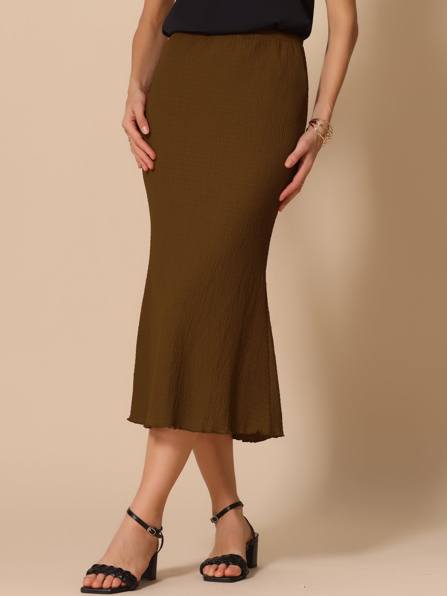 Women's Texture Stretchy Bodycon Lettuce Hem Elastic High Waist Maxi Mermaid Skirt