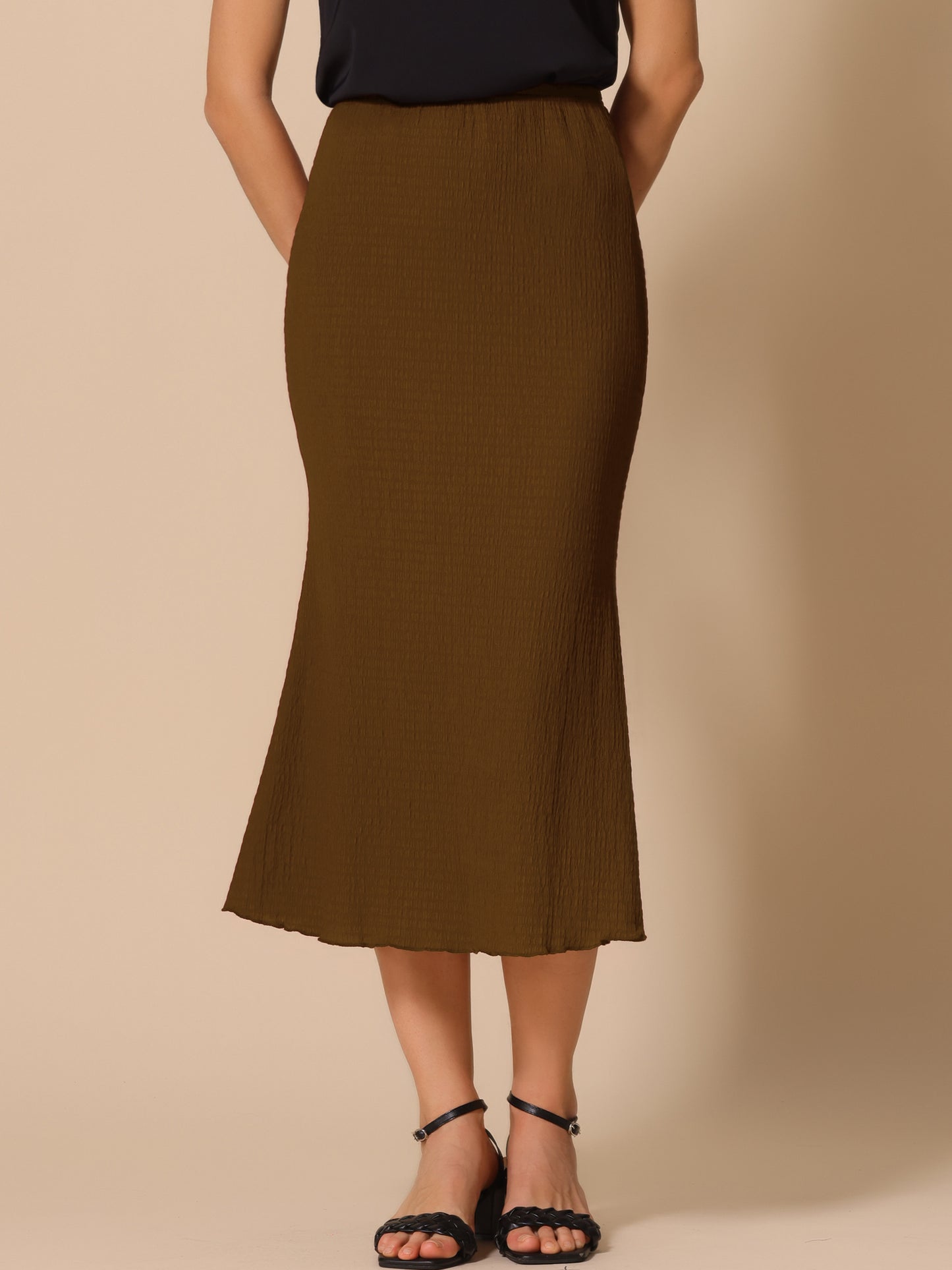 Women's Texture Stretchy Bodycon Lettuce Hem Elastic High Waist Maxi Mermaid Skirt