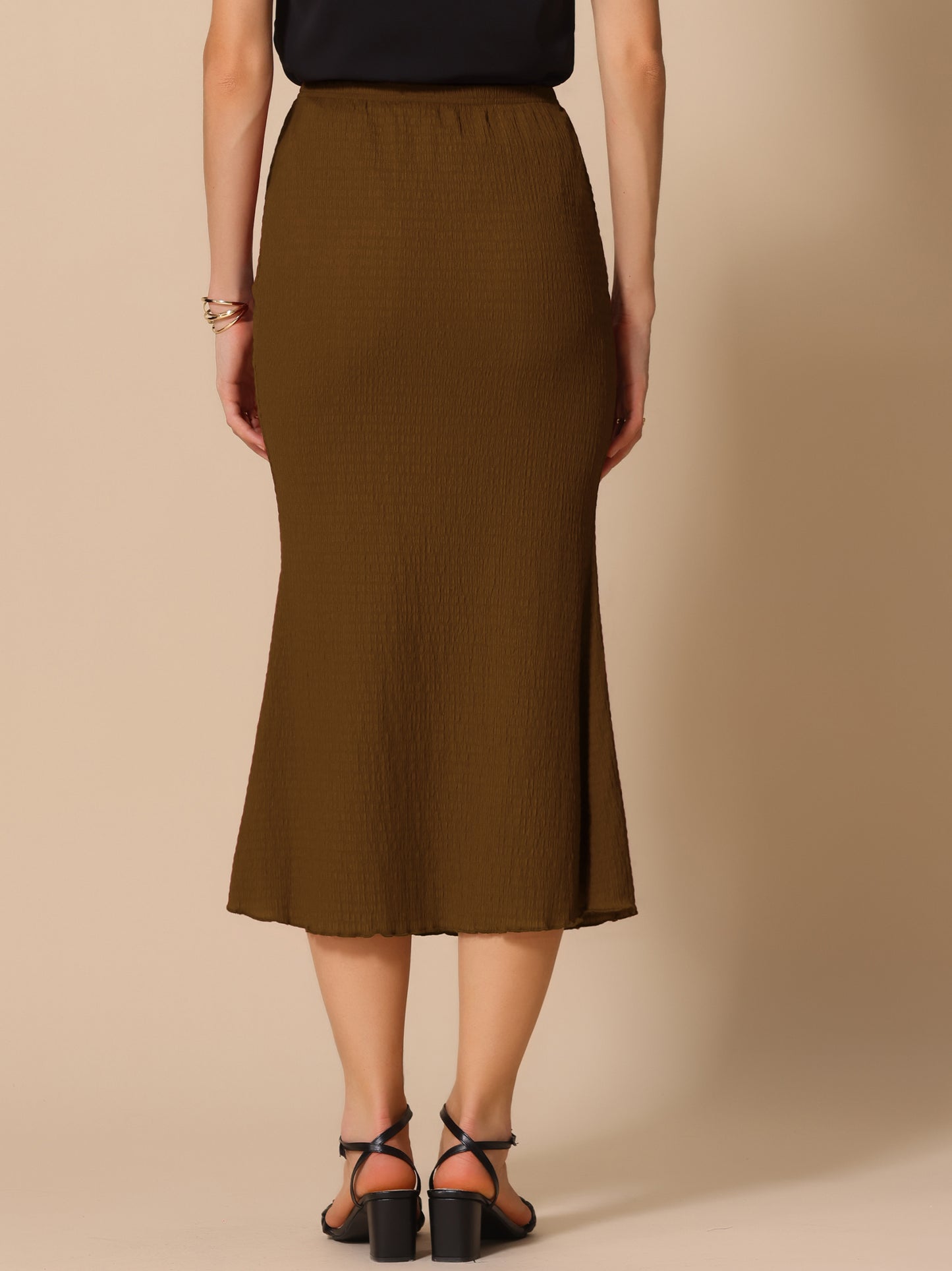 Women's Texture Stretchy Bodycon Lettuce Hem Elastic High Waist Maxi Mermaid Skirt