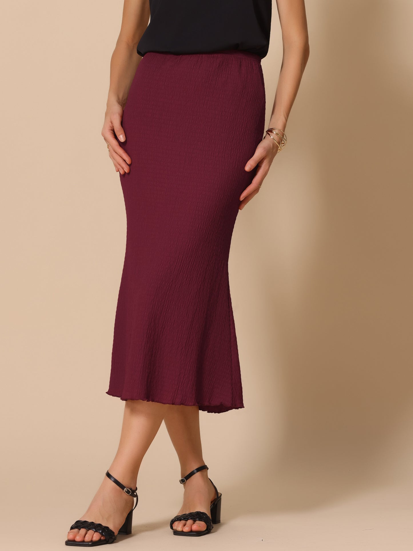 Women's Texture Stretchy Bodycon Lettuce Hem Elastic High Waist Maxi Mermaid Skirt