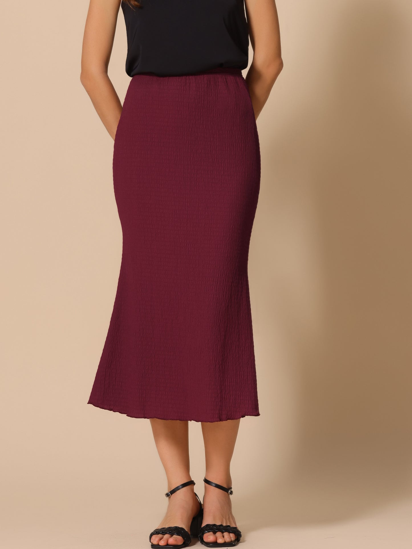 Women's Texture Stretchy Bodycon Lettuce Hem Elastic High Waist Maxi Mermaid Skirt
