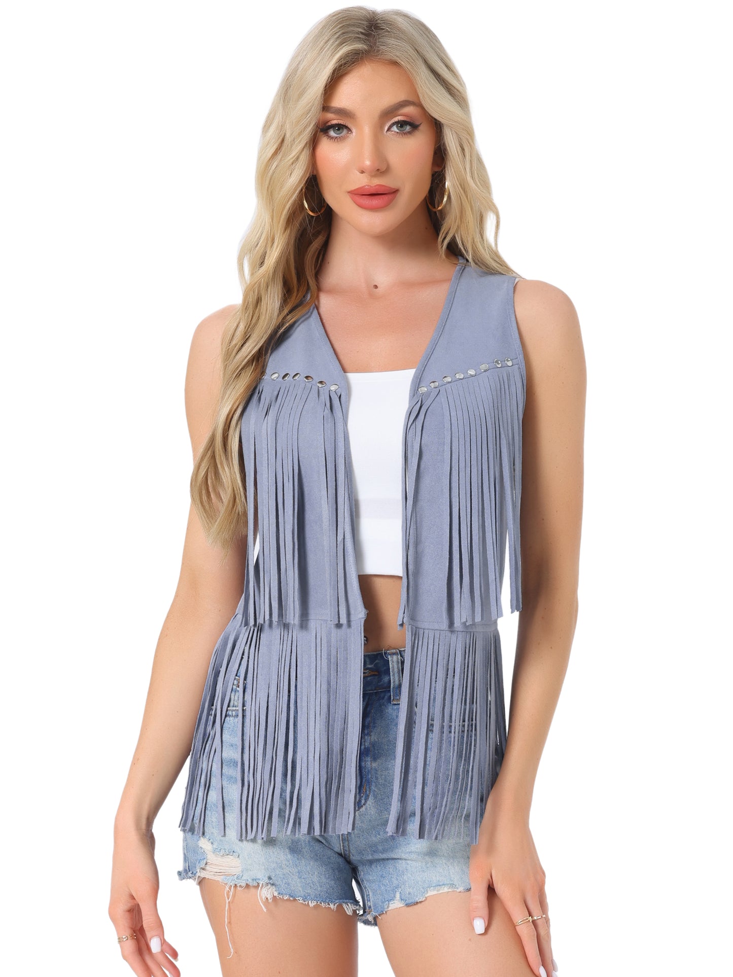 Women's Open Front Vintage Faux Suede Tassel Fringe Vest