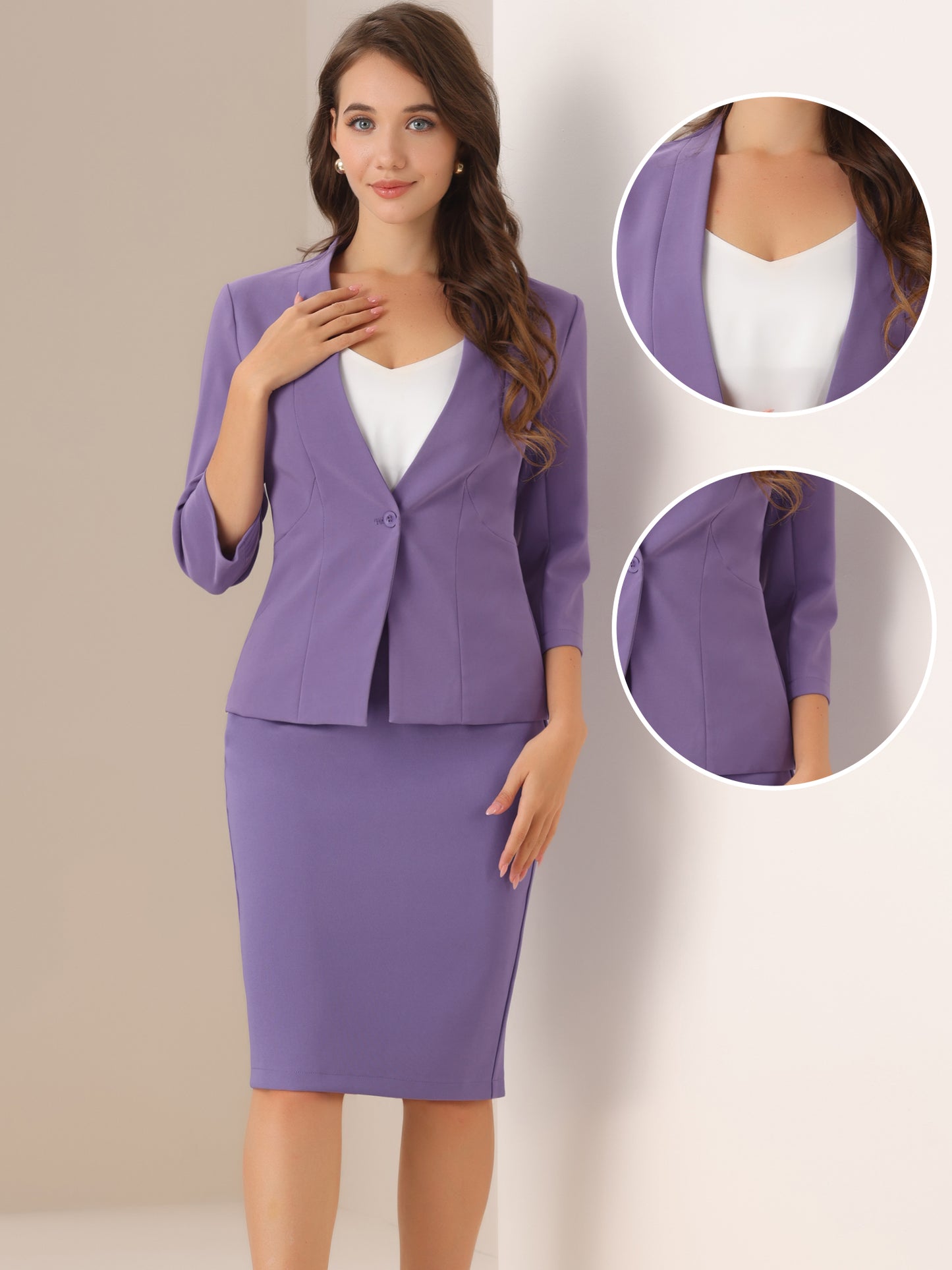 Women's 2 Piece Business Skirt Suit Set Office Work Collarless Blazer Pencil Skirt