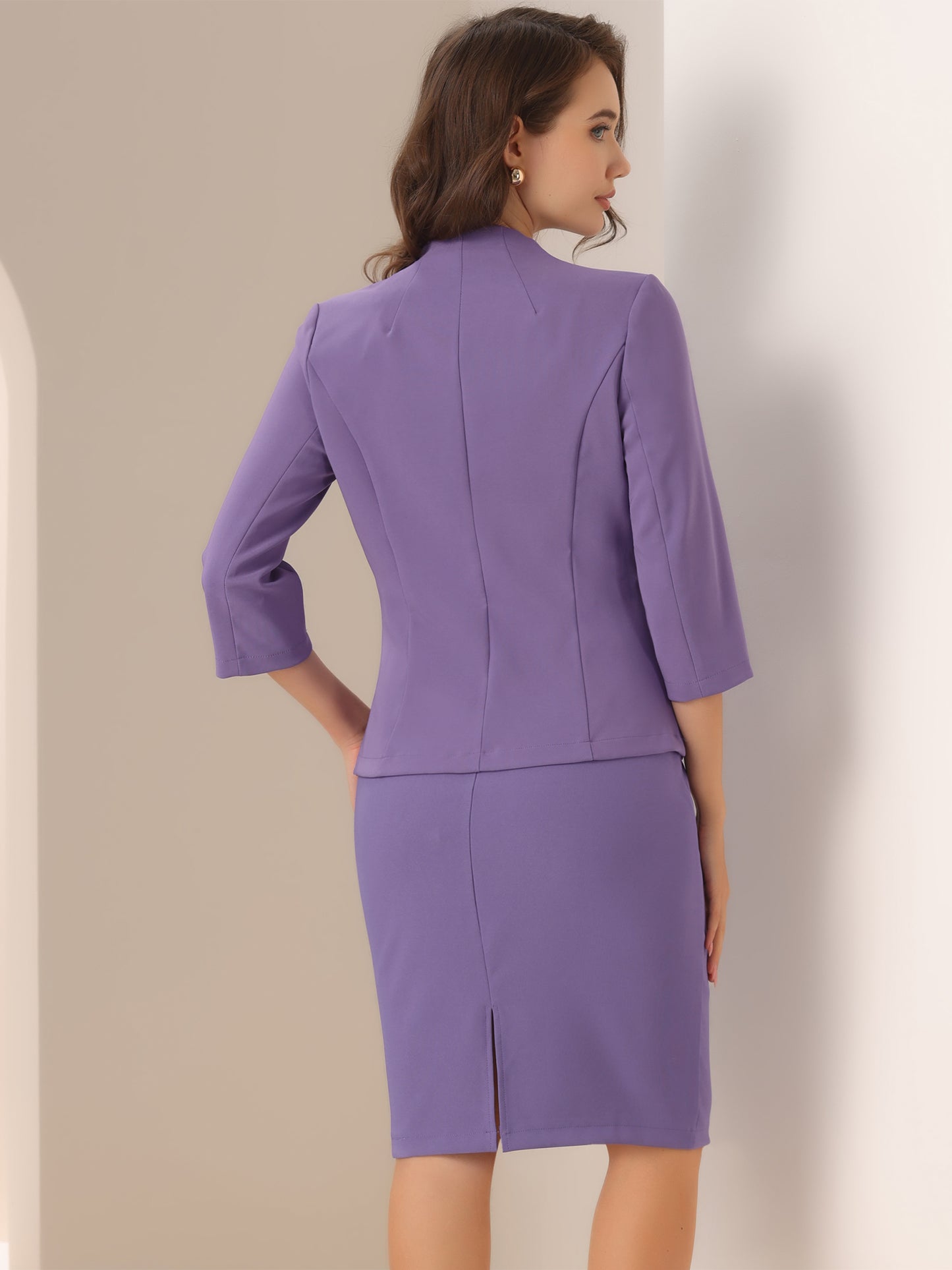 Women's 2 Piece Business Skirt Suit Set Office Work Collarless Blazer Pencil Skirt