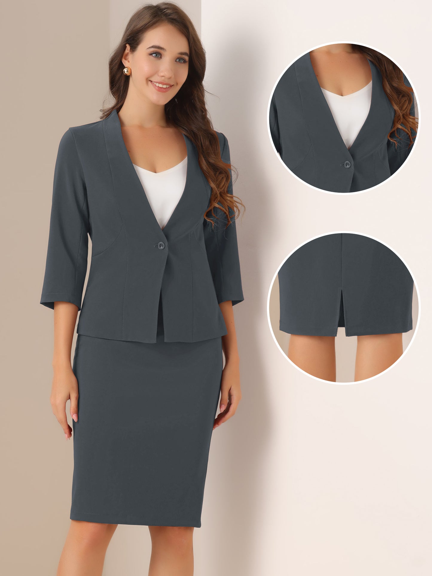 Women's 2 Piece Business Skirt Suit Set Office Work Collarless Blazer Pencil Skirt