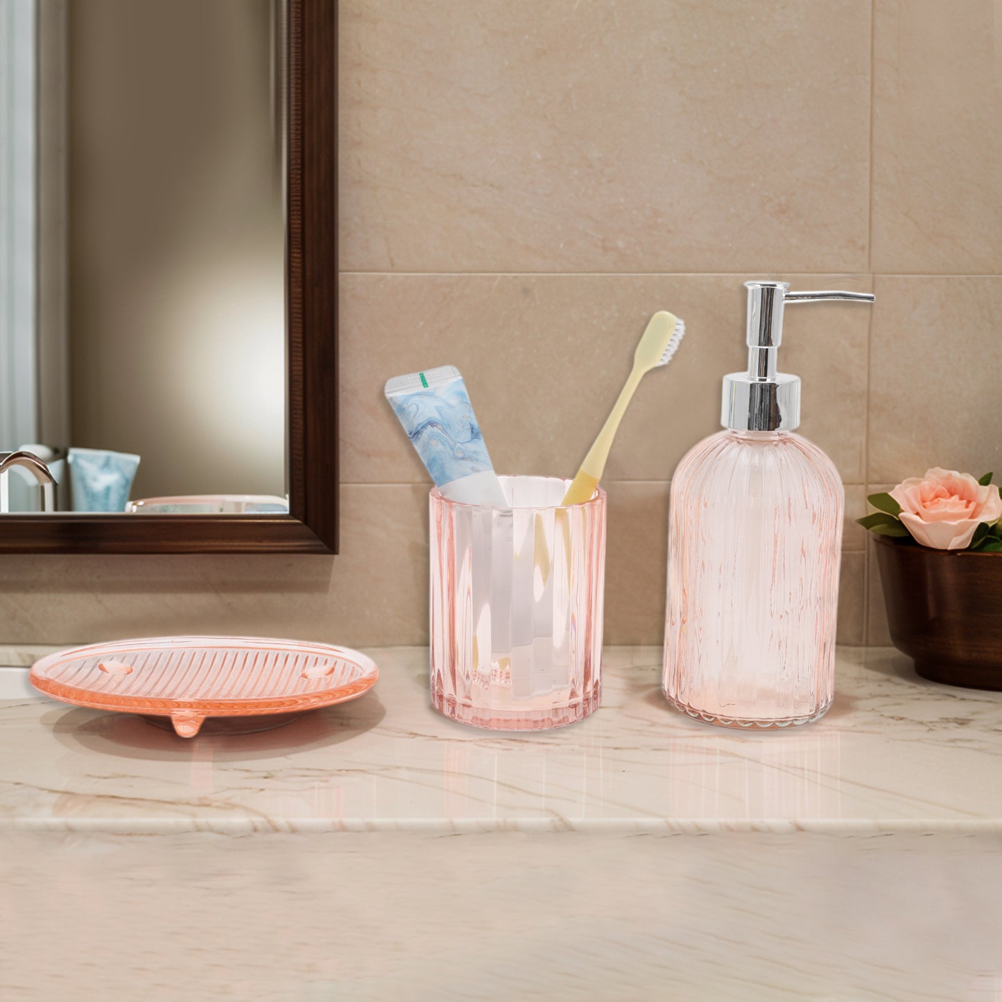 3 Pcs Set Durable Vertical Stripes Bathroom Accessories Kit Pink