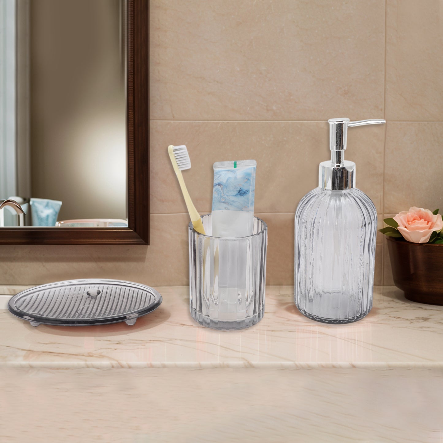 3 Pcs Set Durable Vertical Stripes Bathroom Accessories Kit Black