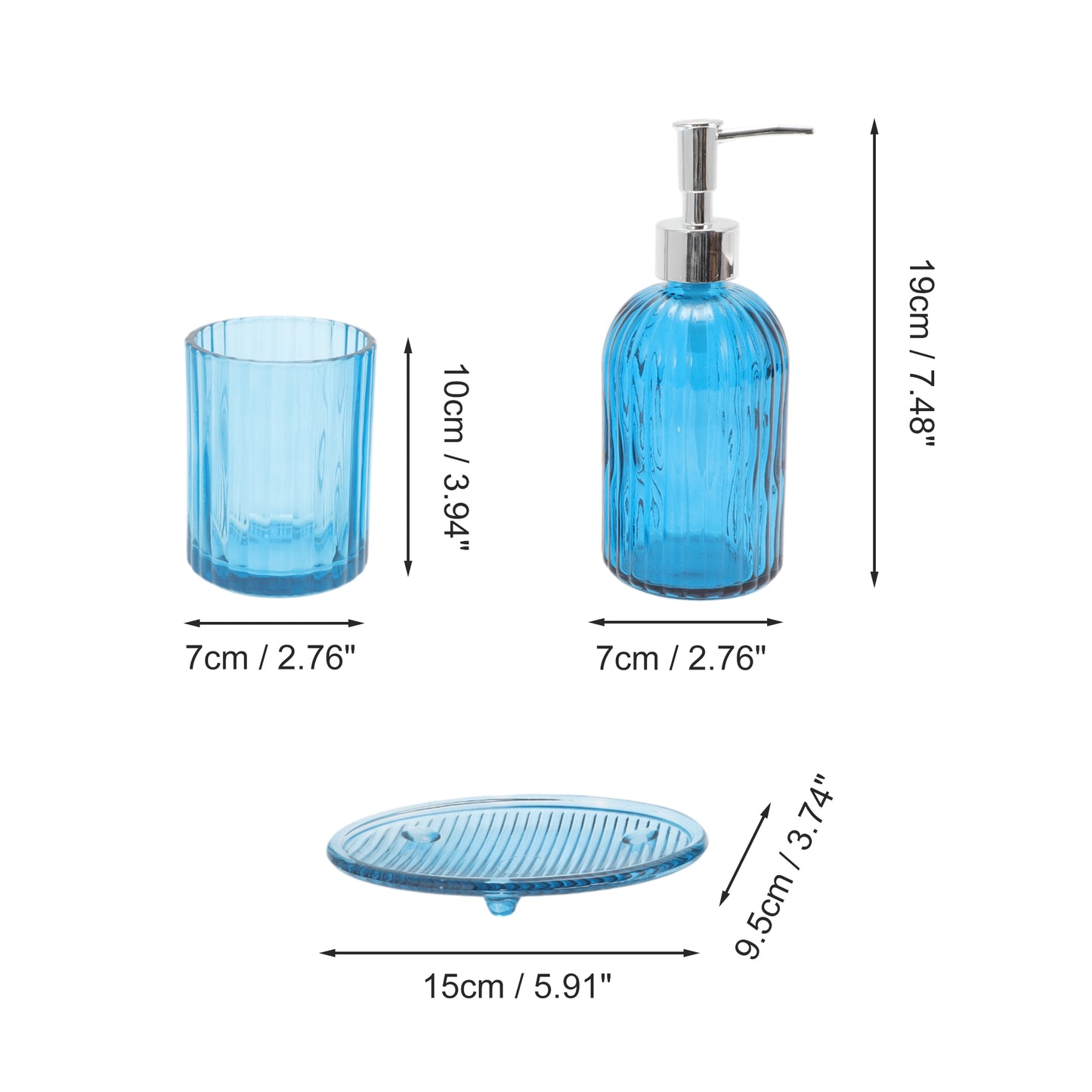 3 Pcs Set Durable Vertical Stripes Bathroom Accessories Kit Blue