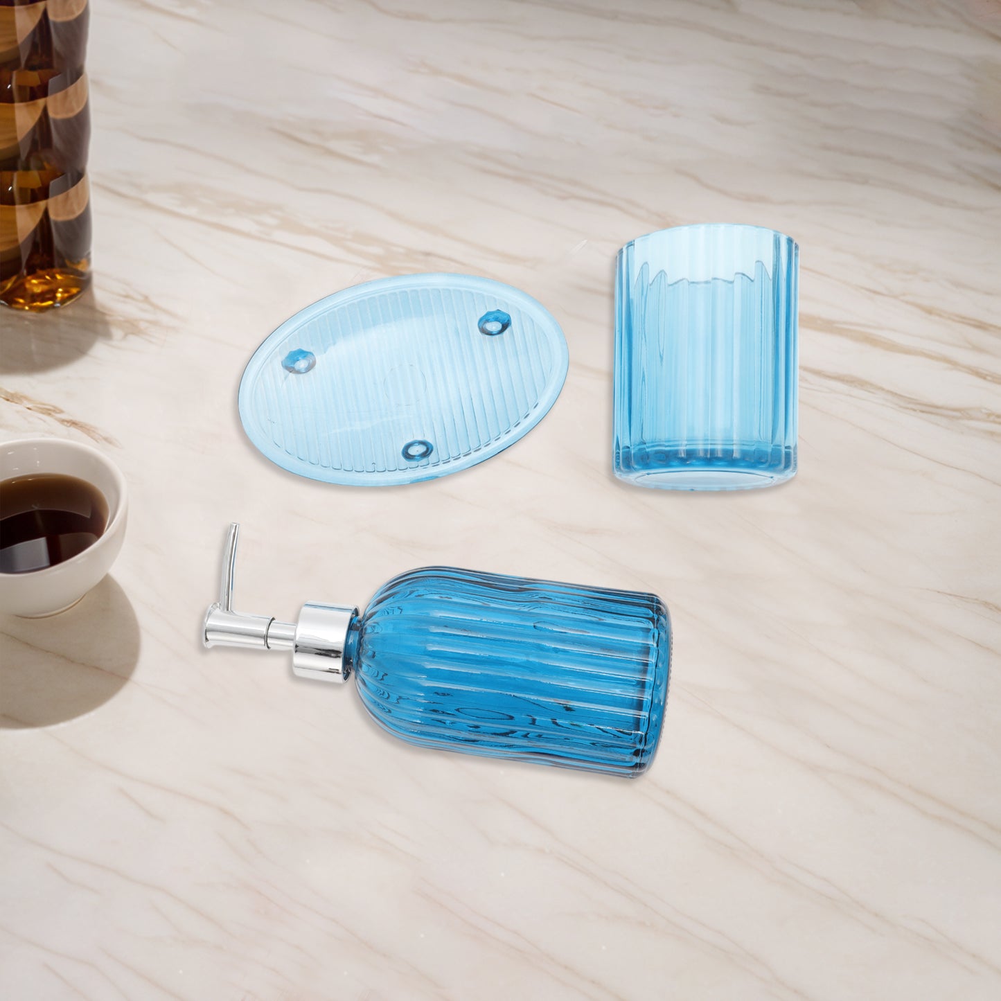 3 Pcs Set Durable Vertical Stripes Bathroom Accessories Kit Blue