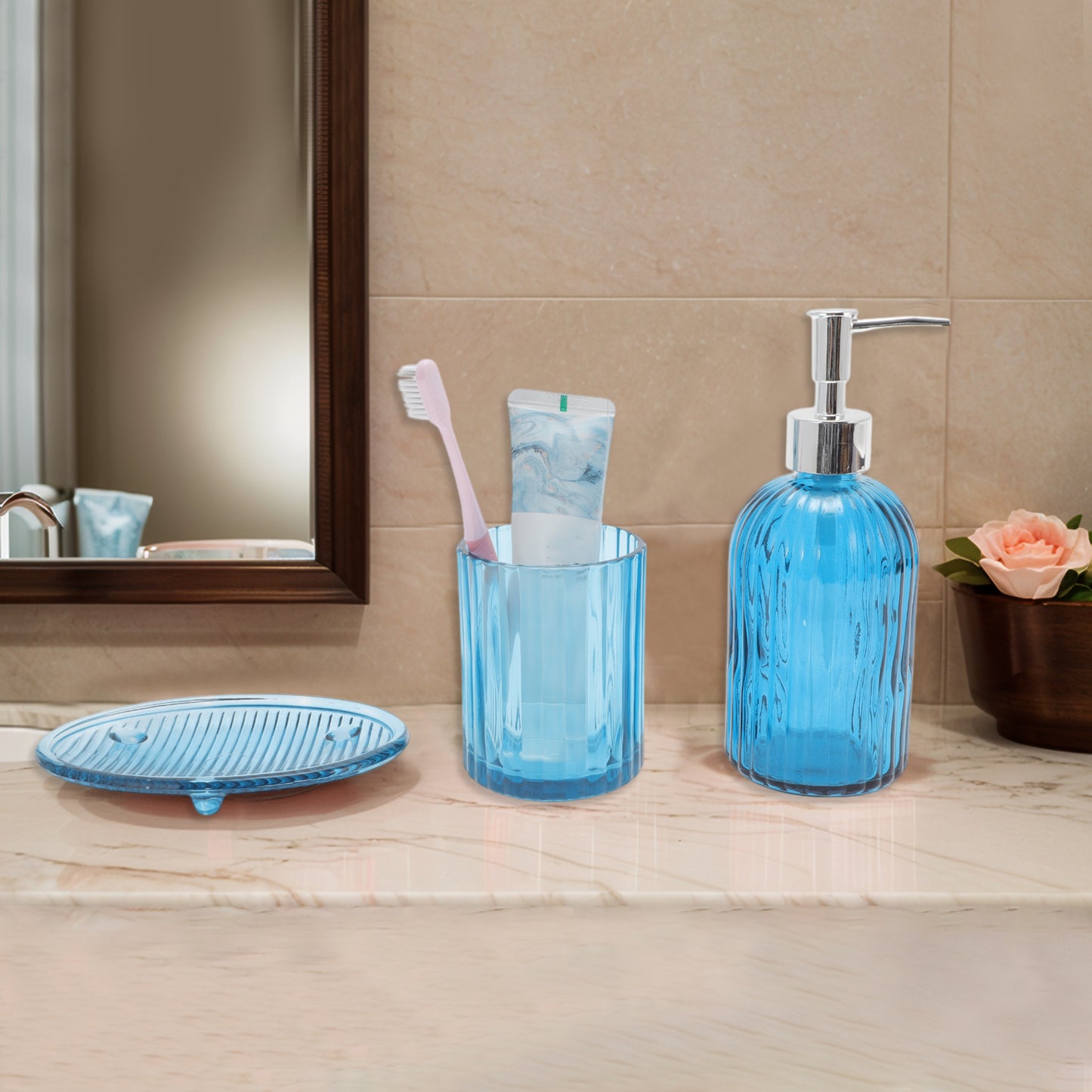 3 Pcs Set Durable Vertical Stripes Bathroom Accessories Kit Blue