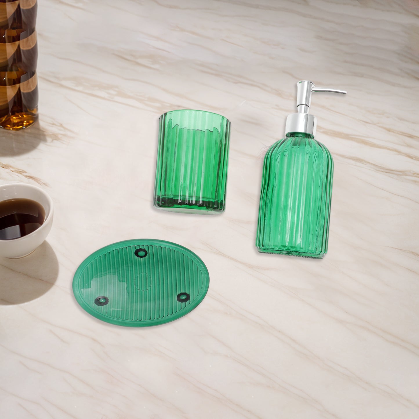 3 Pcs Set Durable Vertical Stripes Bathroom Accessories Kit Green
