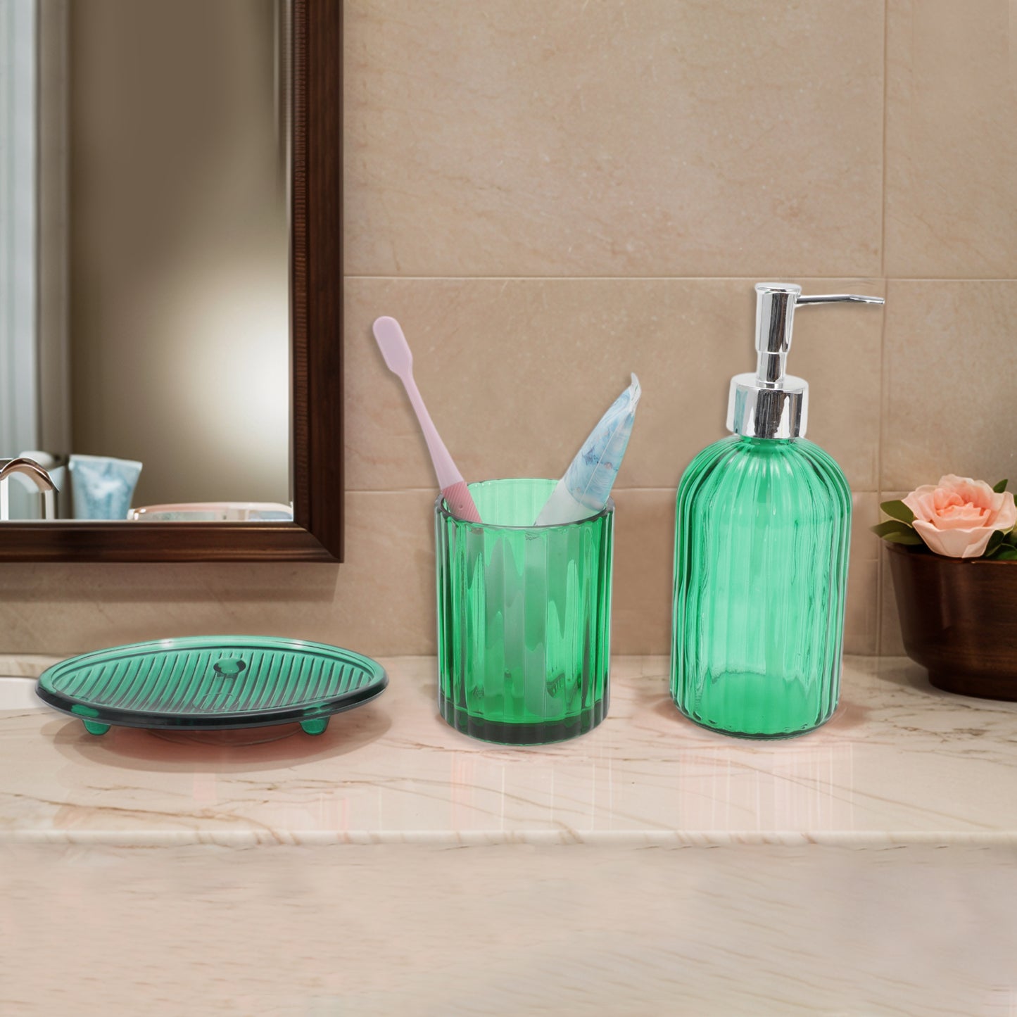 3 Pcs Set Durable Vertical Stripes Bathroom Accessories Kit Green