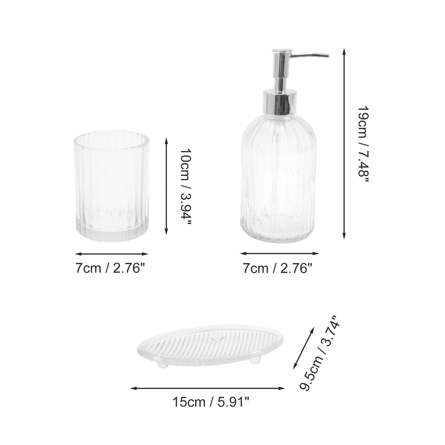 3 Pcs Set Durable Vertical Stripes Bathroom Accessories Kit Clear