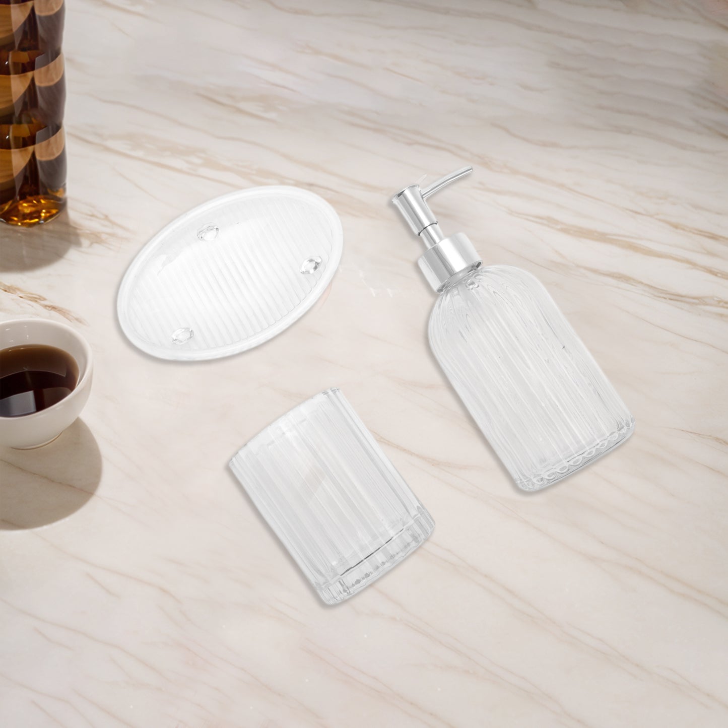 3 Pcs Set Durable Vertical Stripes Bathroom Accessories Kit Clear