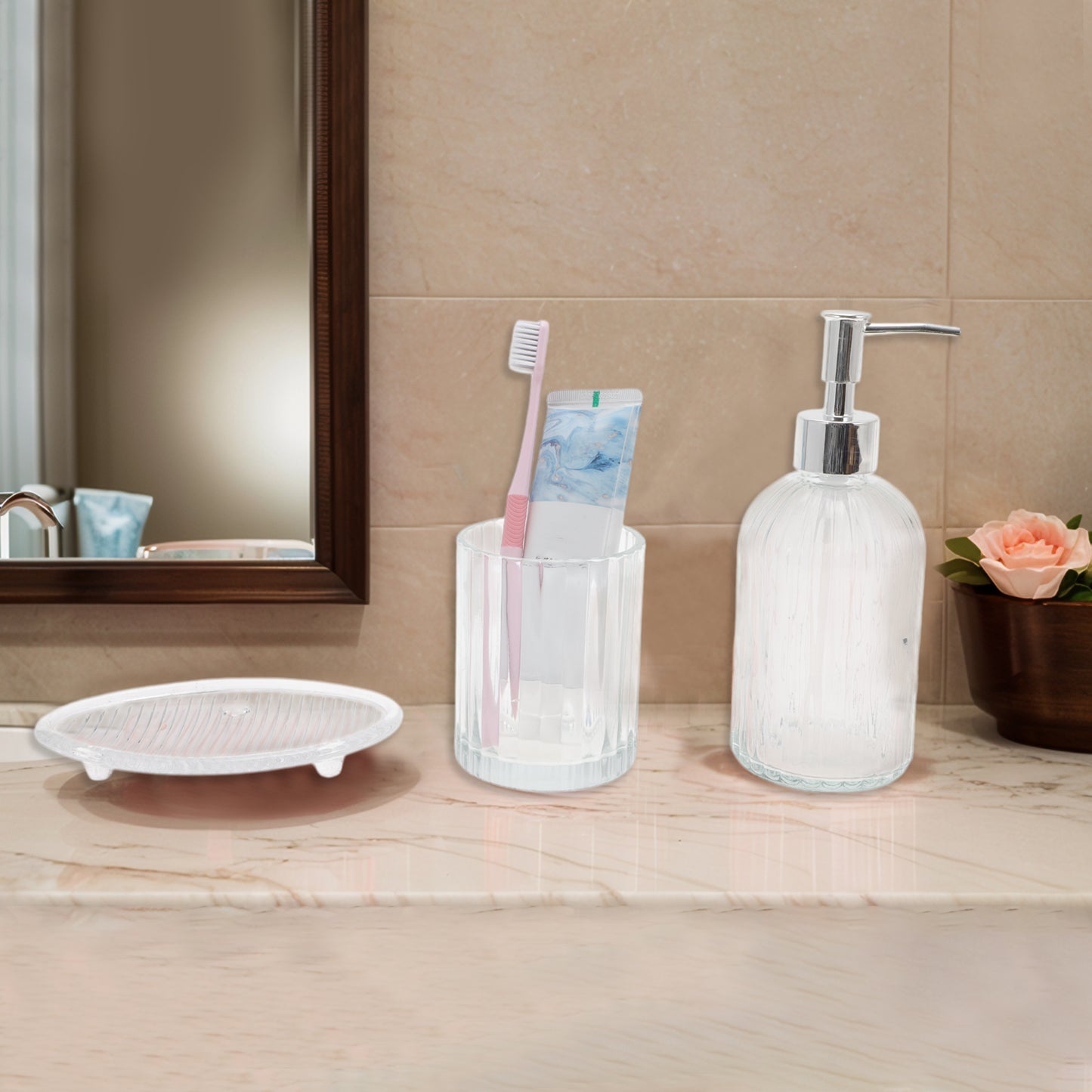 3 Pcs Set Durable Vertical Stripes Bathroom Accessories Kit Clear