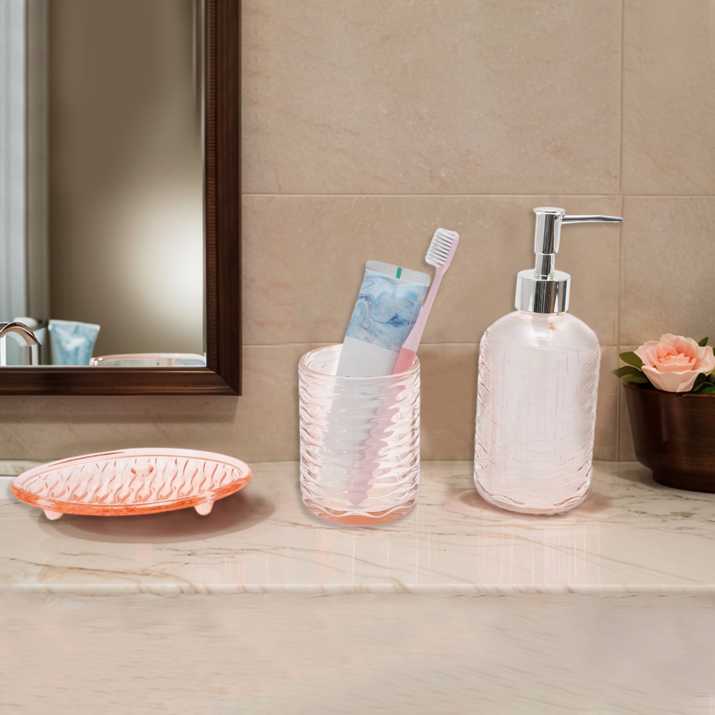 3 Pcs Set Durable Waves Bathroom Accessories Kit Pink