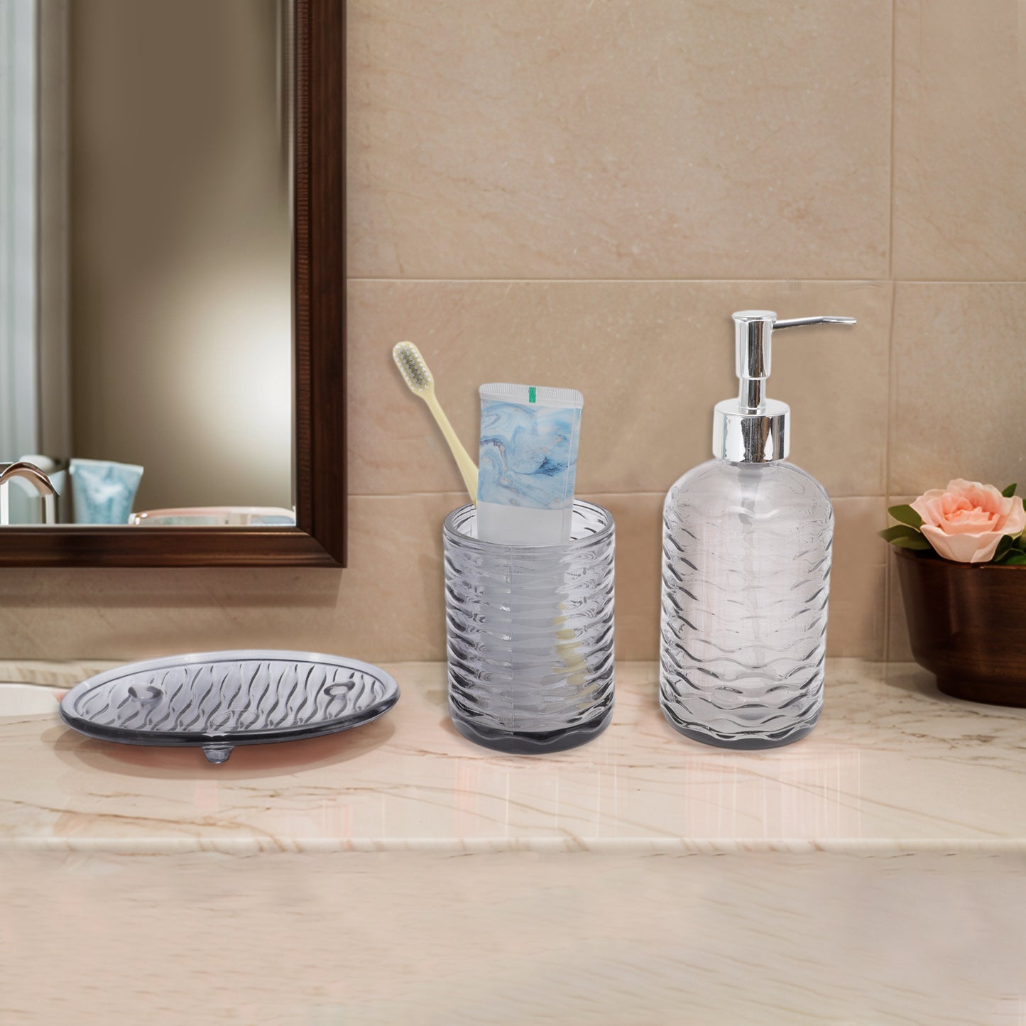 3 Pcs Set Durable Waves Bathroom Accessories Kit Black