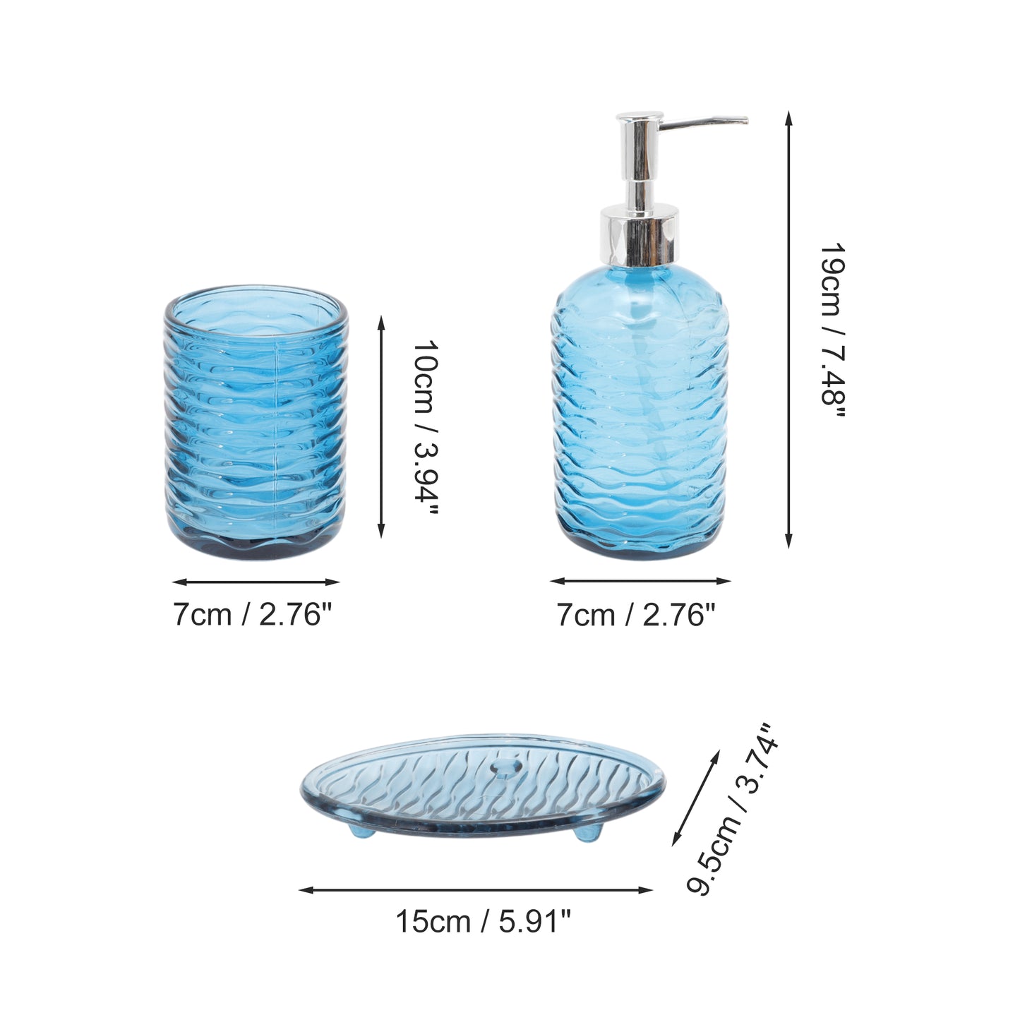 Juego de 3 accesorios de baño con ondas duraderas en color azul