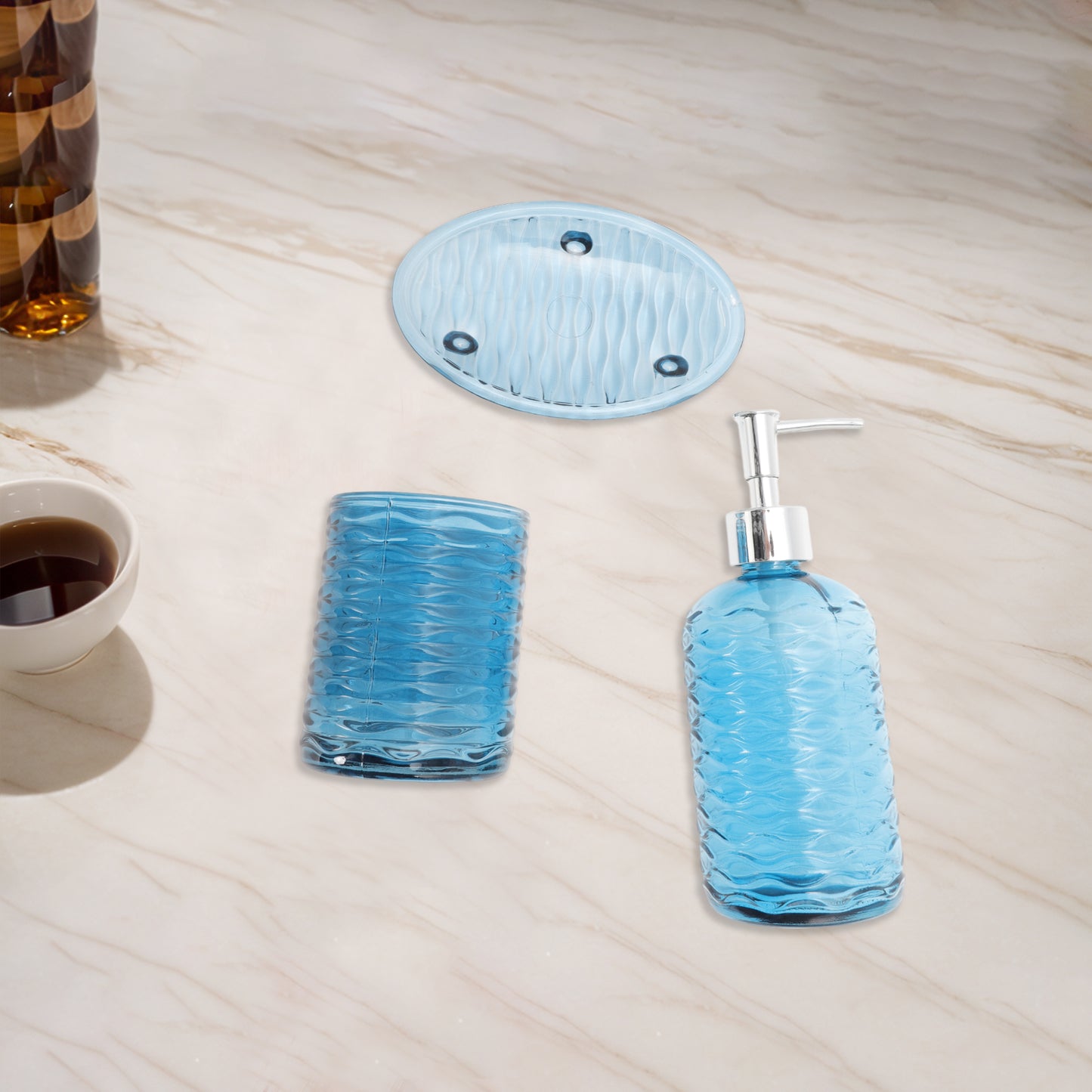 Juego de 3 accesorios de baño con ondas duraderas en color azul