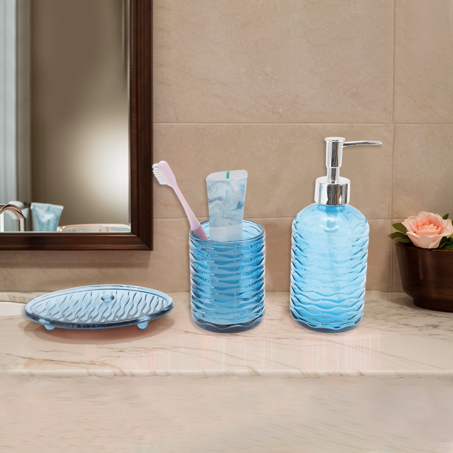 3 Pcs Set Durable Waves Bathroom Accessories Kit Blue