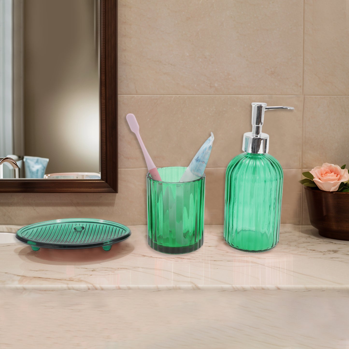 3 Pcs Set Durable Waves Bathroom Accessories Kit Green