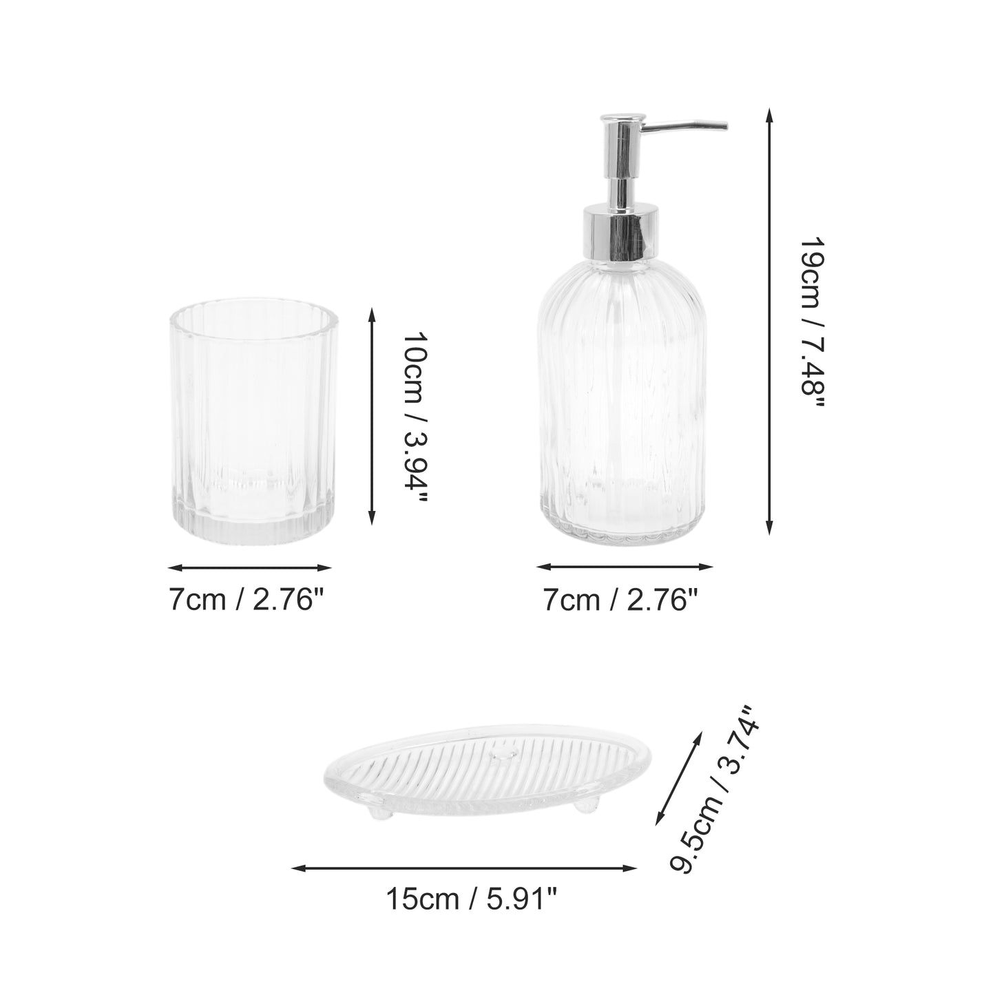 Juego de 3 accesorios de baño con ondas duraderas, transparentes