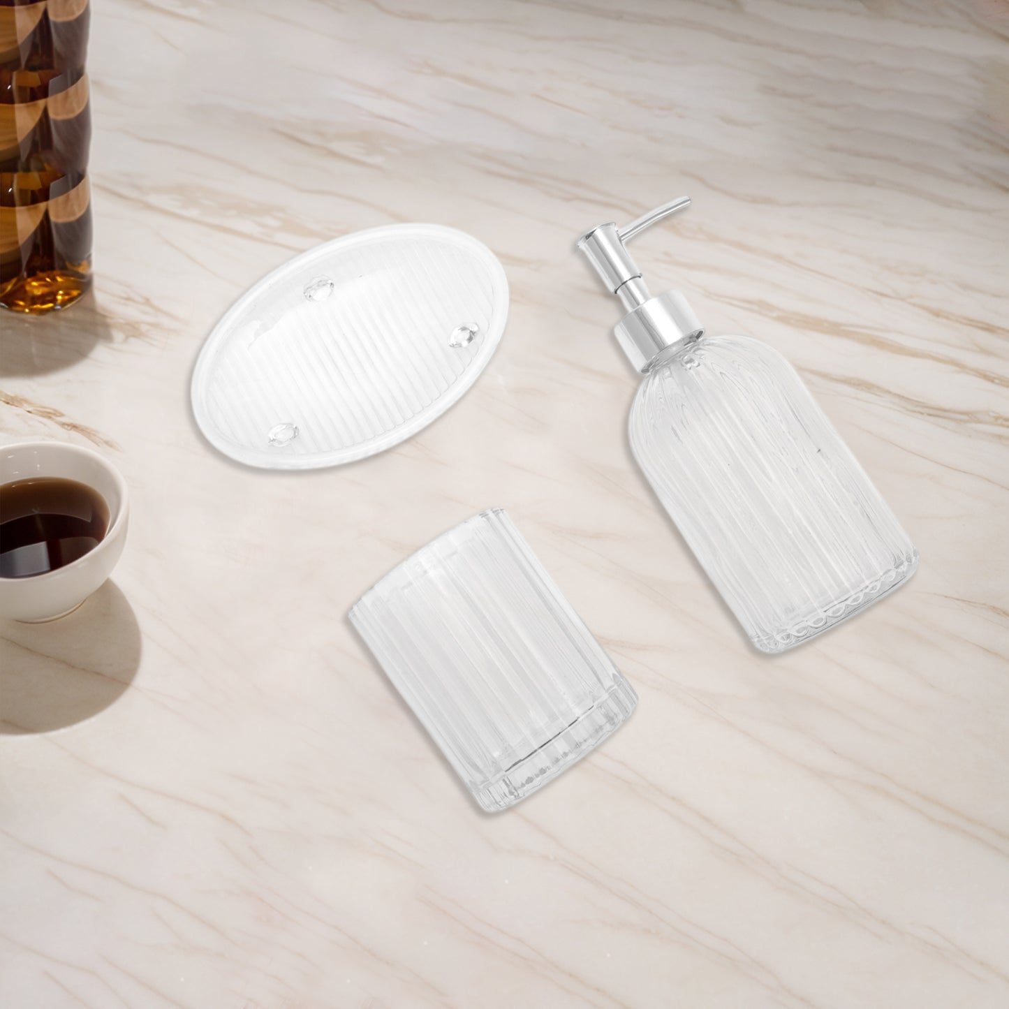 Juego de 3 accesorios de baño con ondas duraderas, transparentes