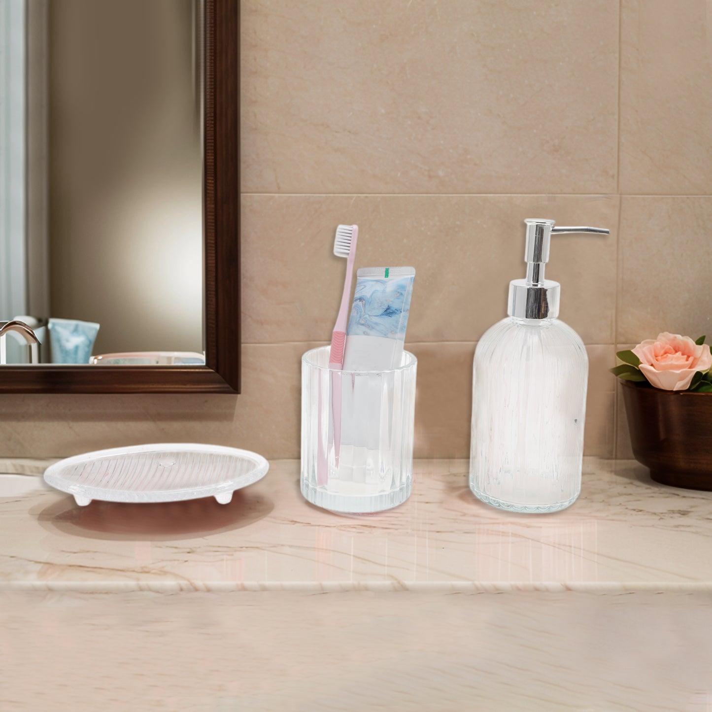 Juego de 3 accesorios de baño con ondas duraderas, transparentes