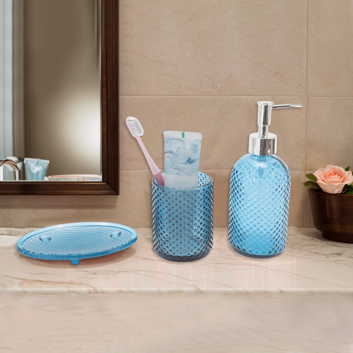 3 Pcs Set Durable Dots Modern Bathroom Accessories Kit Blue