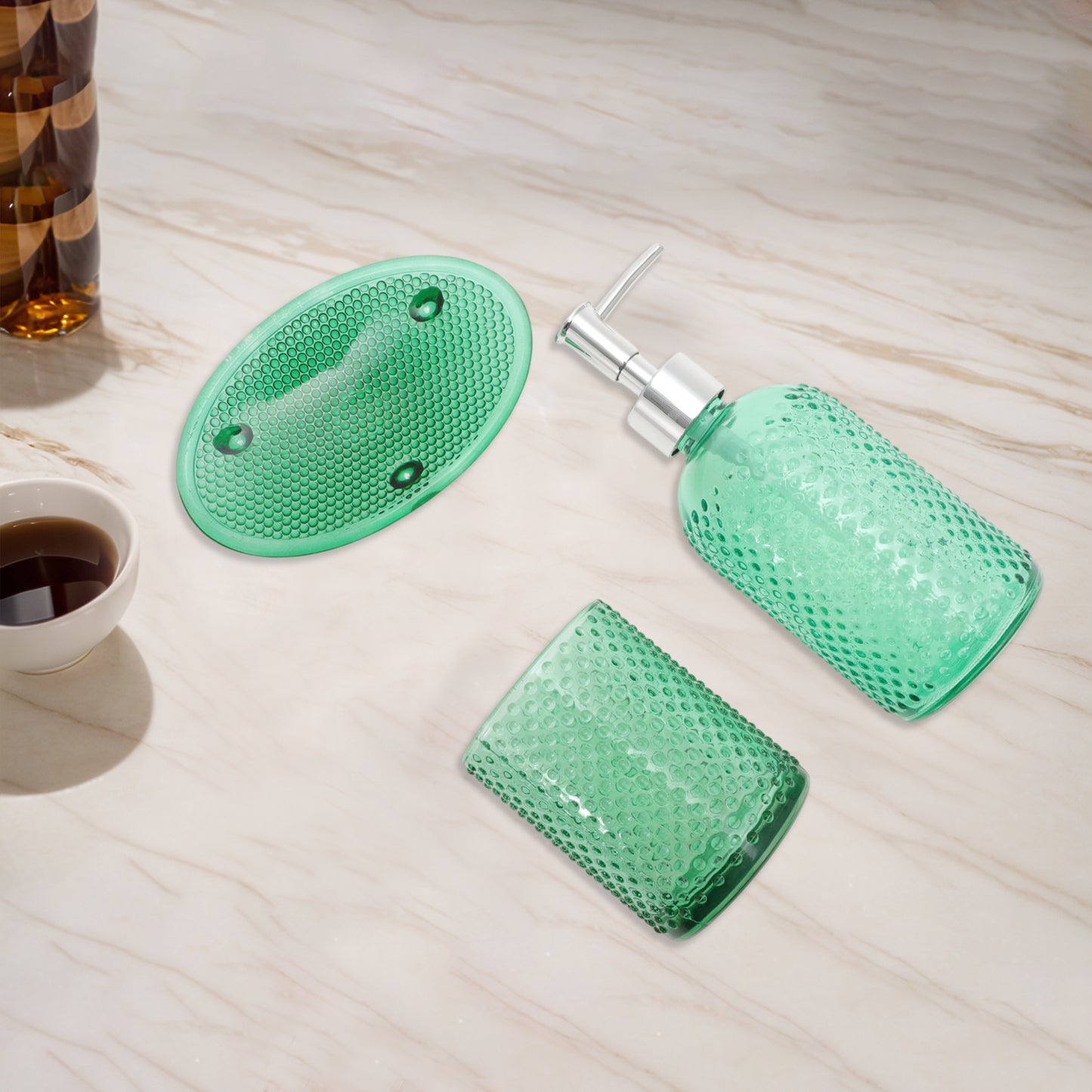Juego de 3 accesorios de baño modernos con diseño de puntos duraderos, color verde