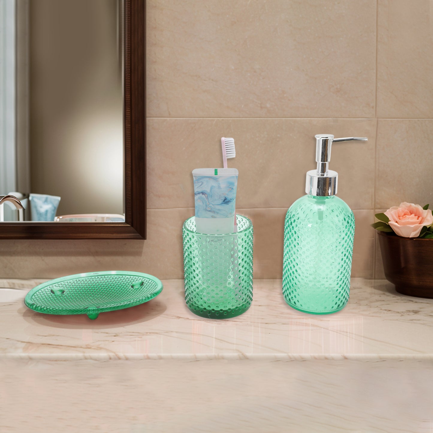 Juego de 3 accesorios de baño modernos con diseño de puntos duraderos, color verde