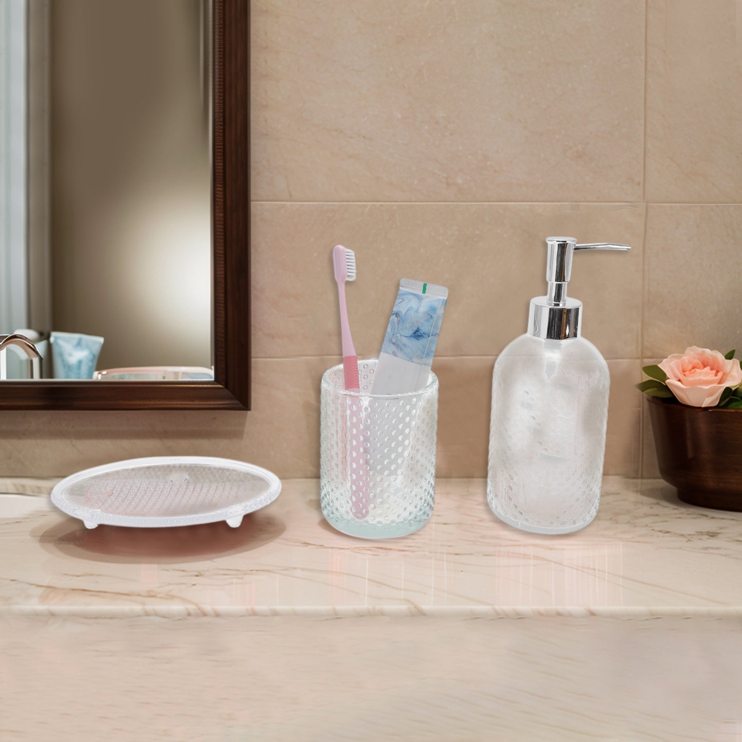 3 Pcs Set Durable Dots Modern Bathroom Accessories Kit Clear