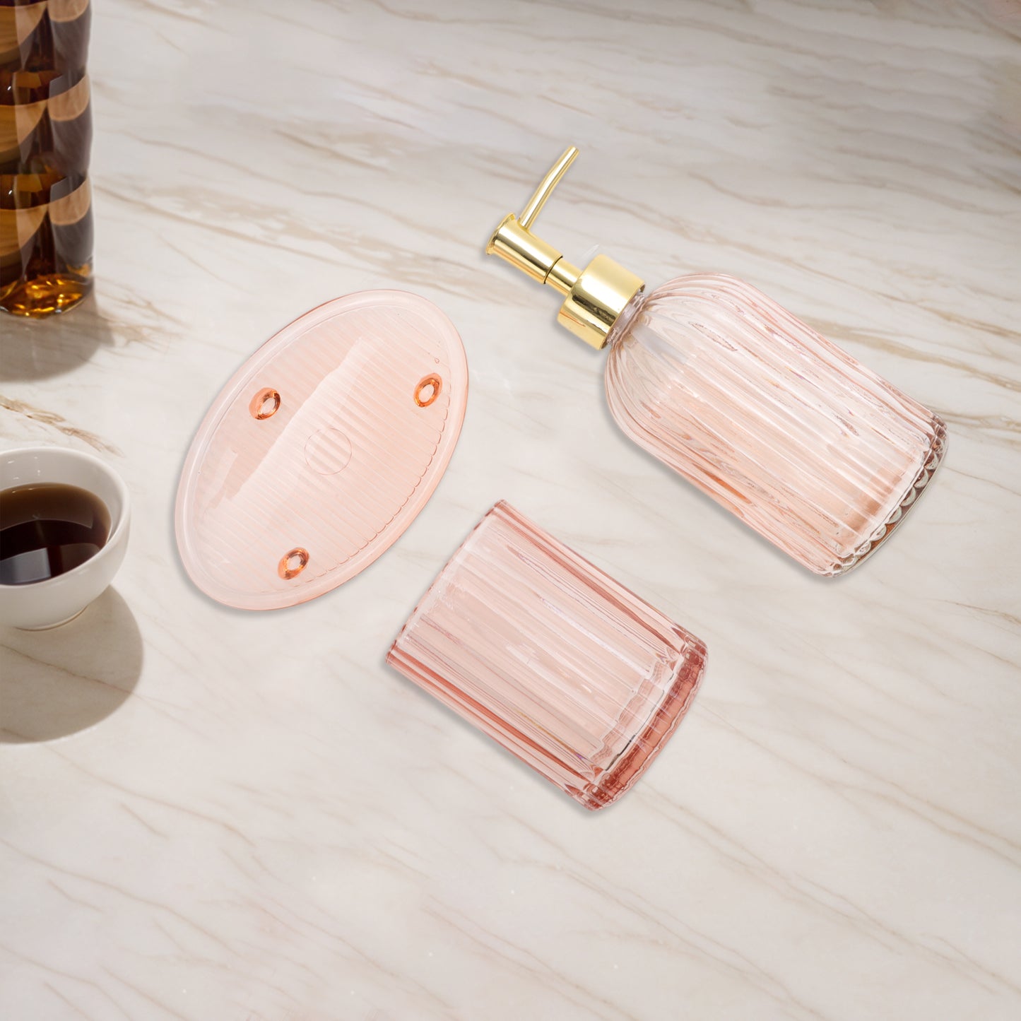 3 Pcs Set Reusable Vertical Stripes Bathroom Accessories Kit Pink