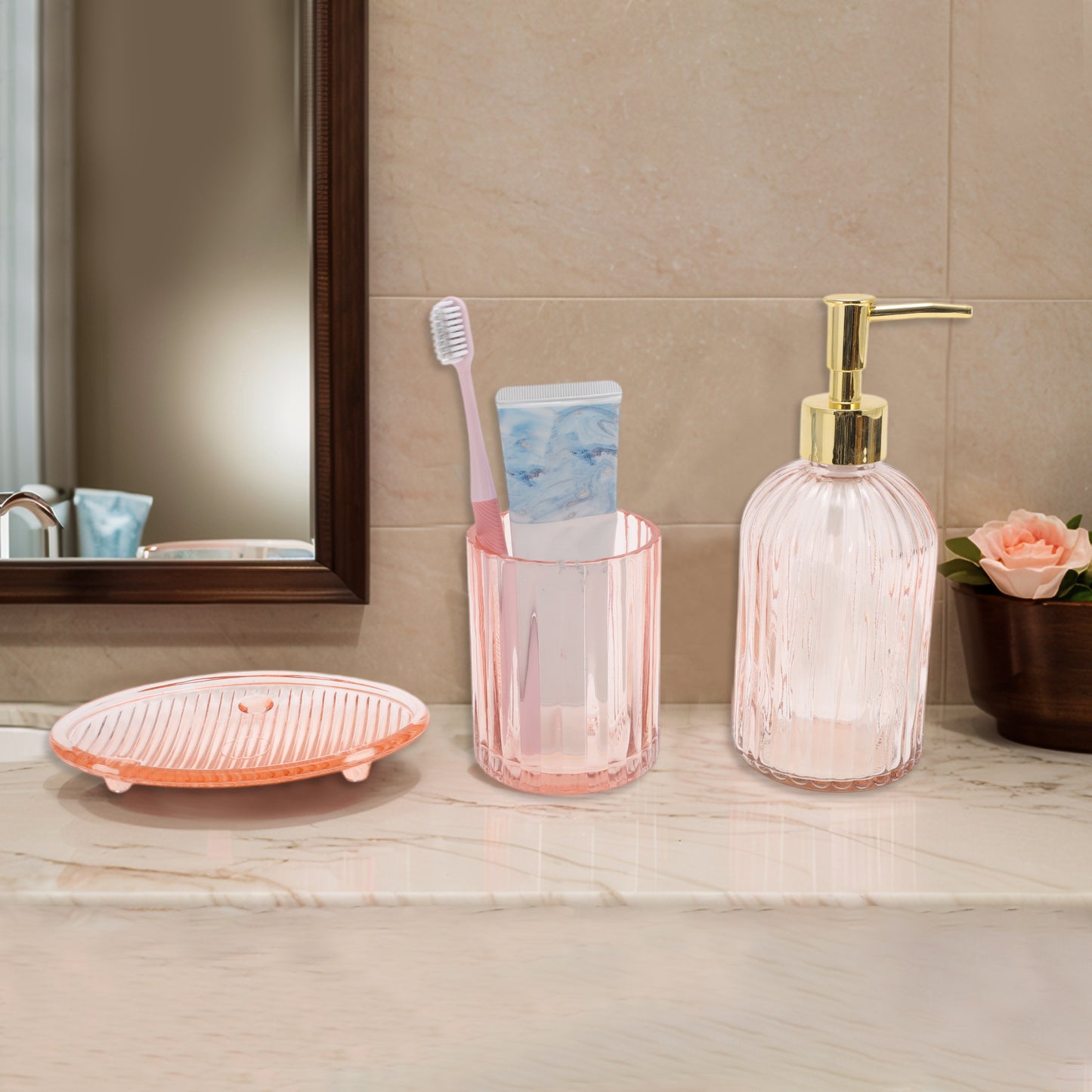 3 Pcs Set Reusable Vertical Stripes Bathroom Accessories Kit Pink