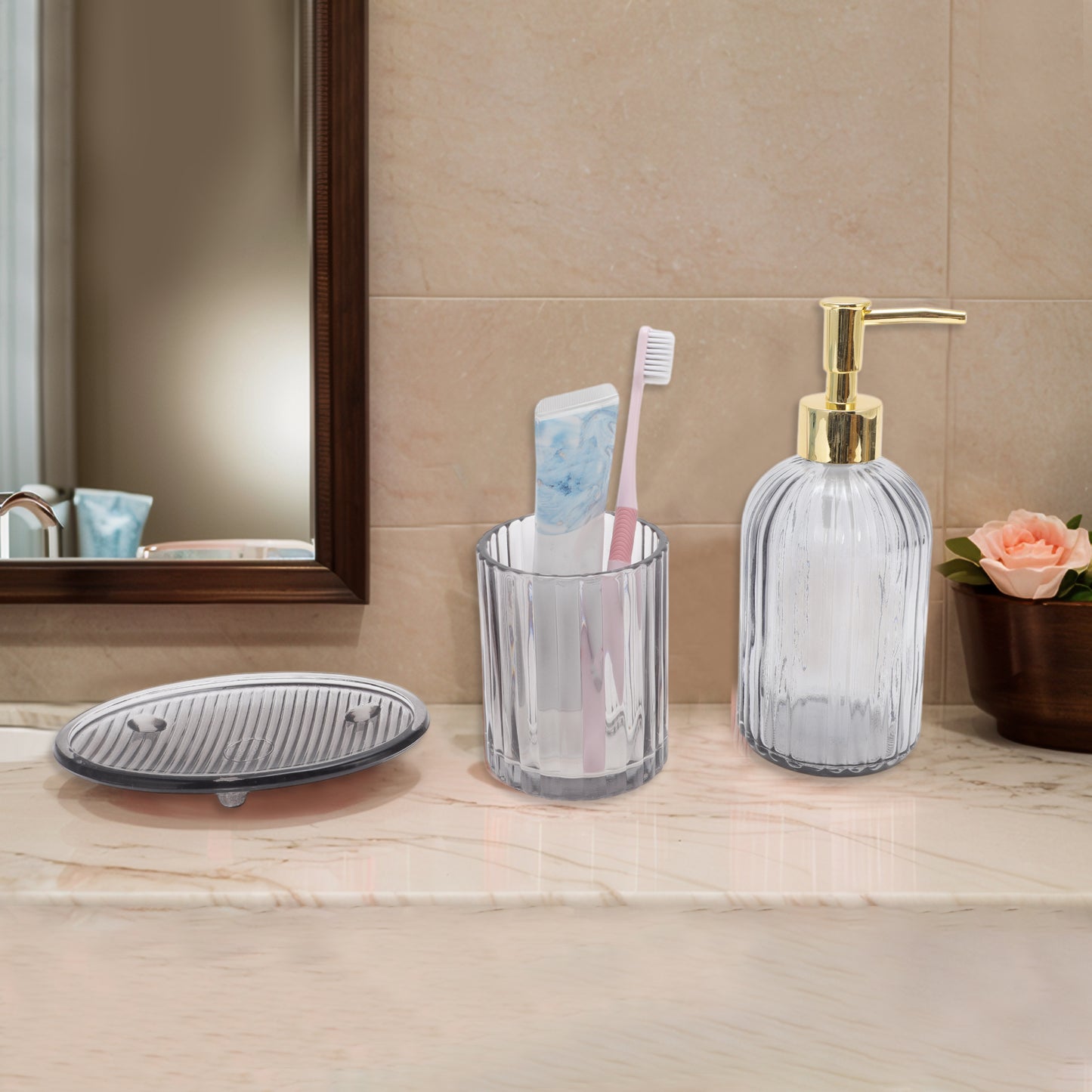 3 Pcs Set Reusable Vertical Stripes Bathroom Accessories Kit Black