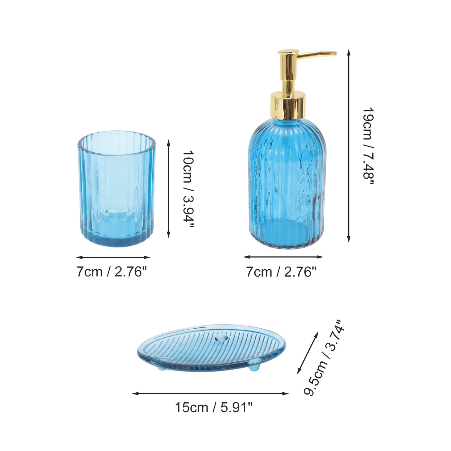 3 Pcs Set Reusable Vertical Stripes Bathroom Accessories Kit Blue