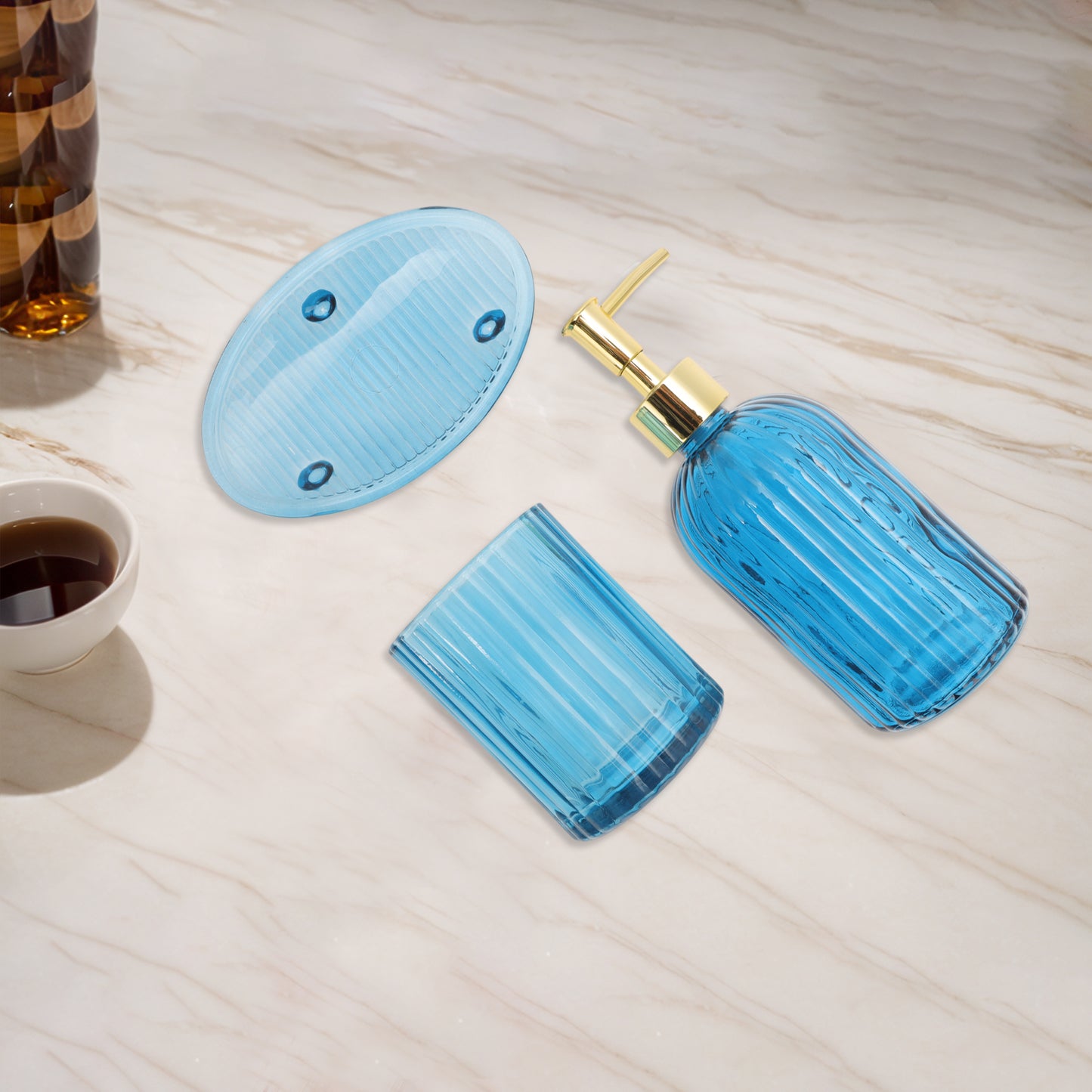 3 Pcs Set Reusable Vertical Stripes Bathroom Accessories Kit Blue