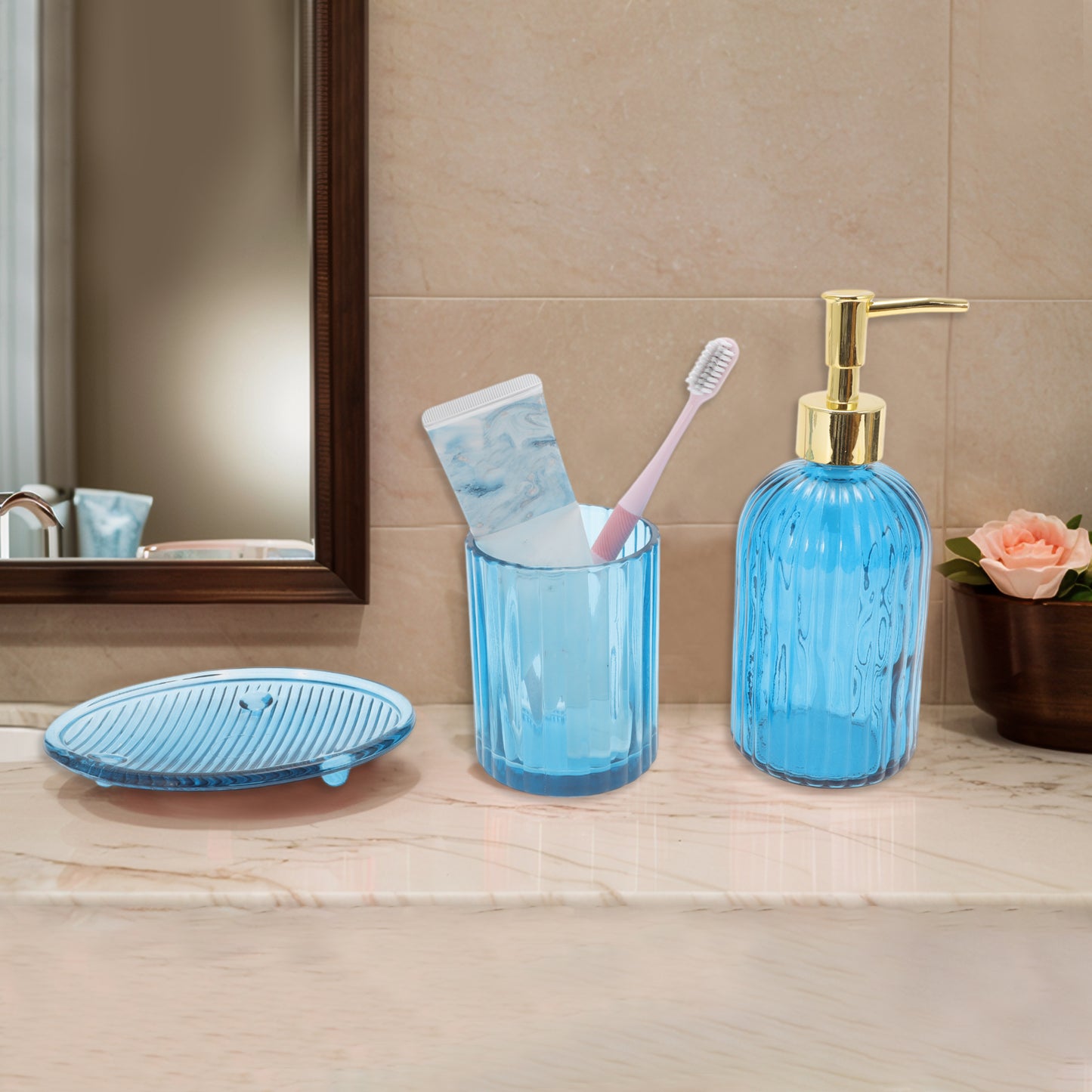 3 Pcs Set Reusable Vertical Stripes Bathroom Accessories Kit Blue