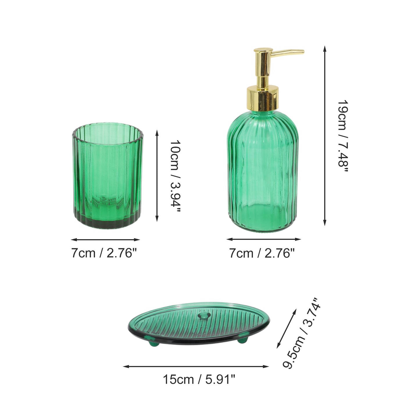 3 Pcs Set Reusable Vertical Stripes Bathroom Accessories Kit Green