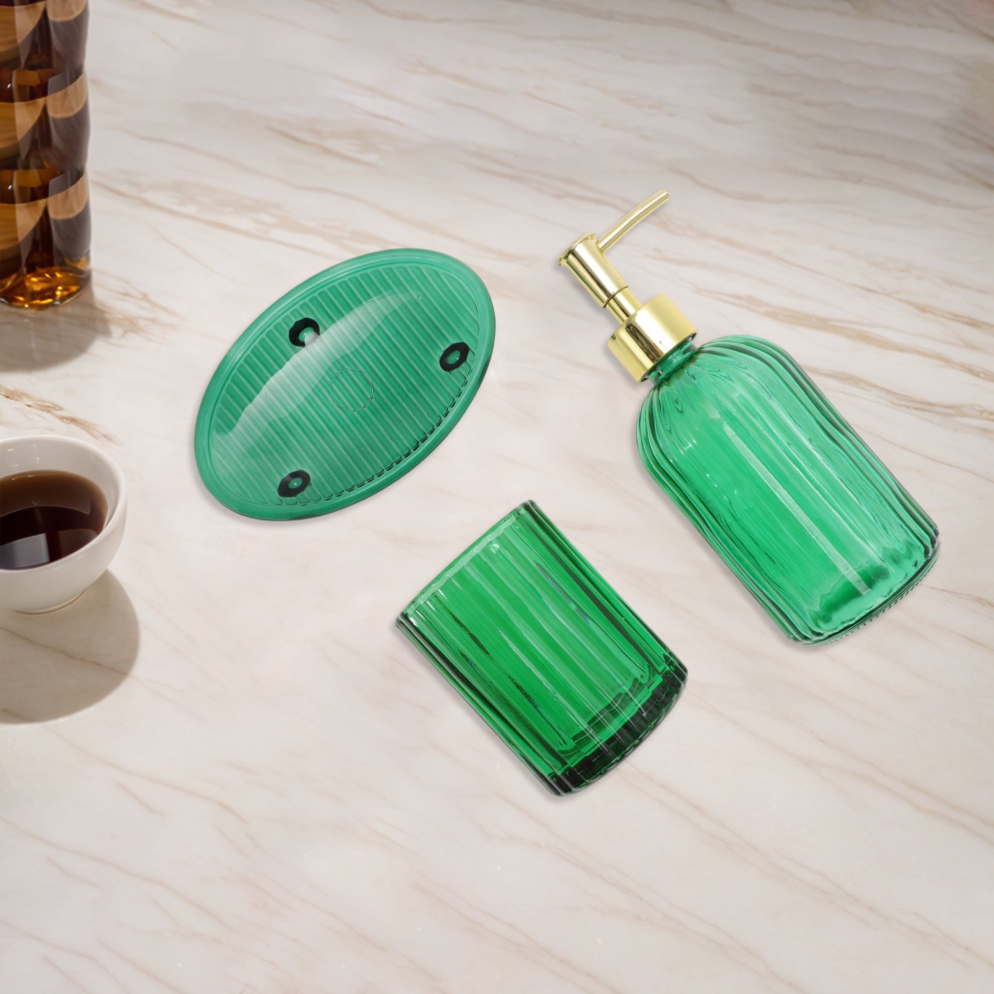 3 Pcs Set Reusable Vertical Stripes Bathroom Accessories Kit Green