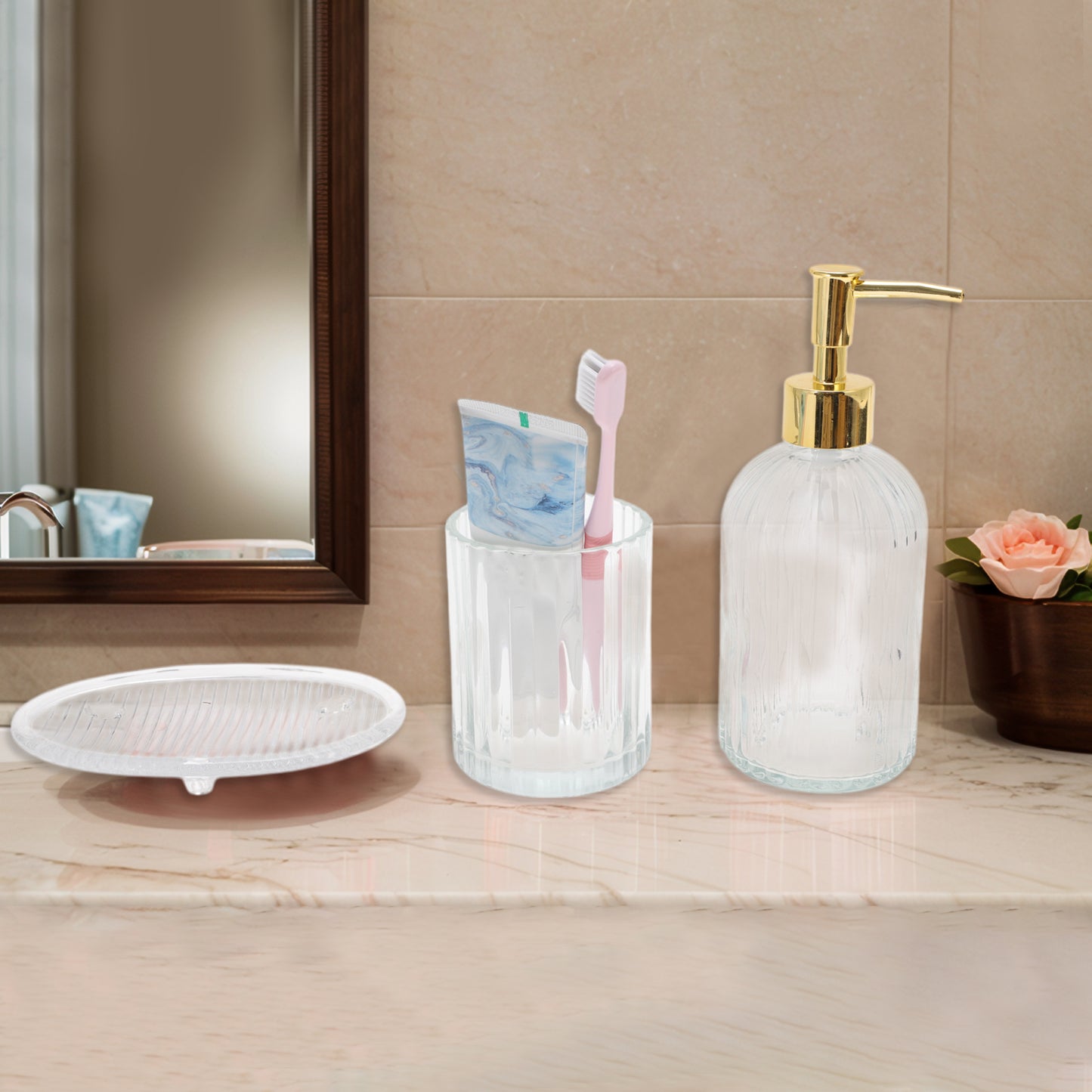 3 Pcs Set Reusable Vertical Stripes Bathroom Accessories Kit Clear