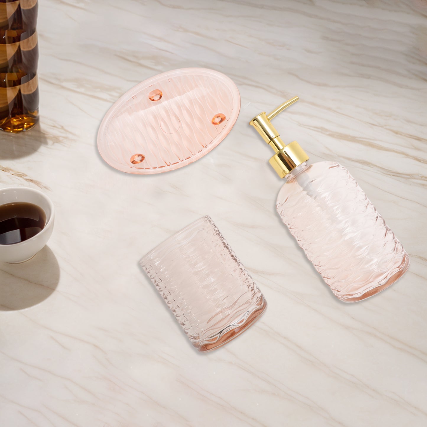 Juego de 4 accesorios de baño reutilizables con ondas, color rosa