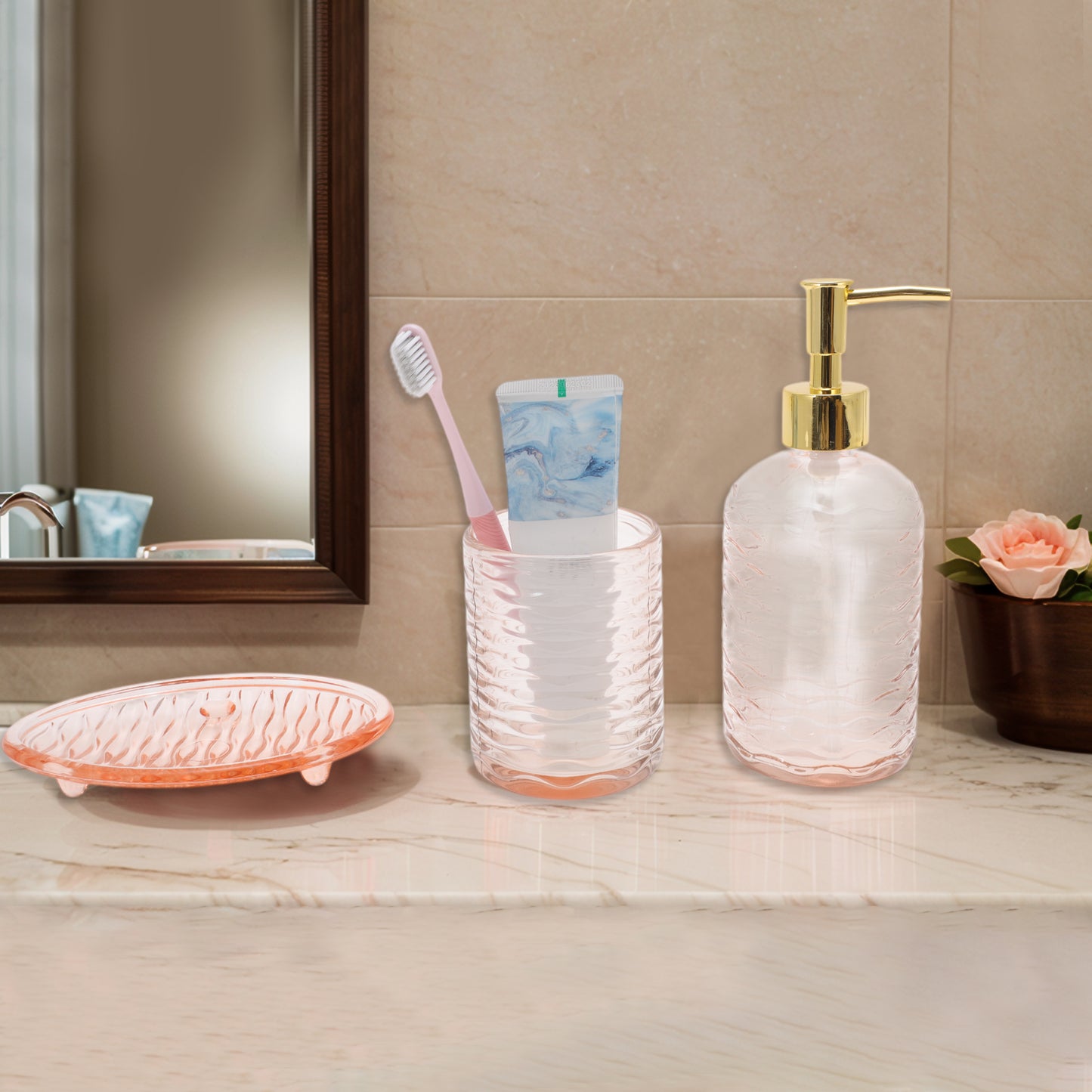 Juego de 4 accesorios de baño reutilizables con ondas, color rosa