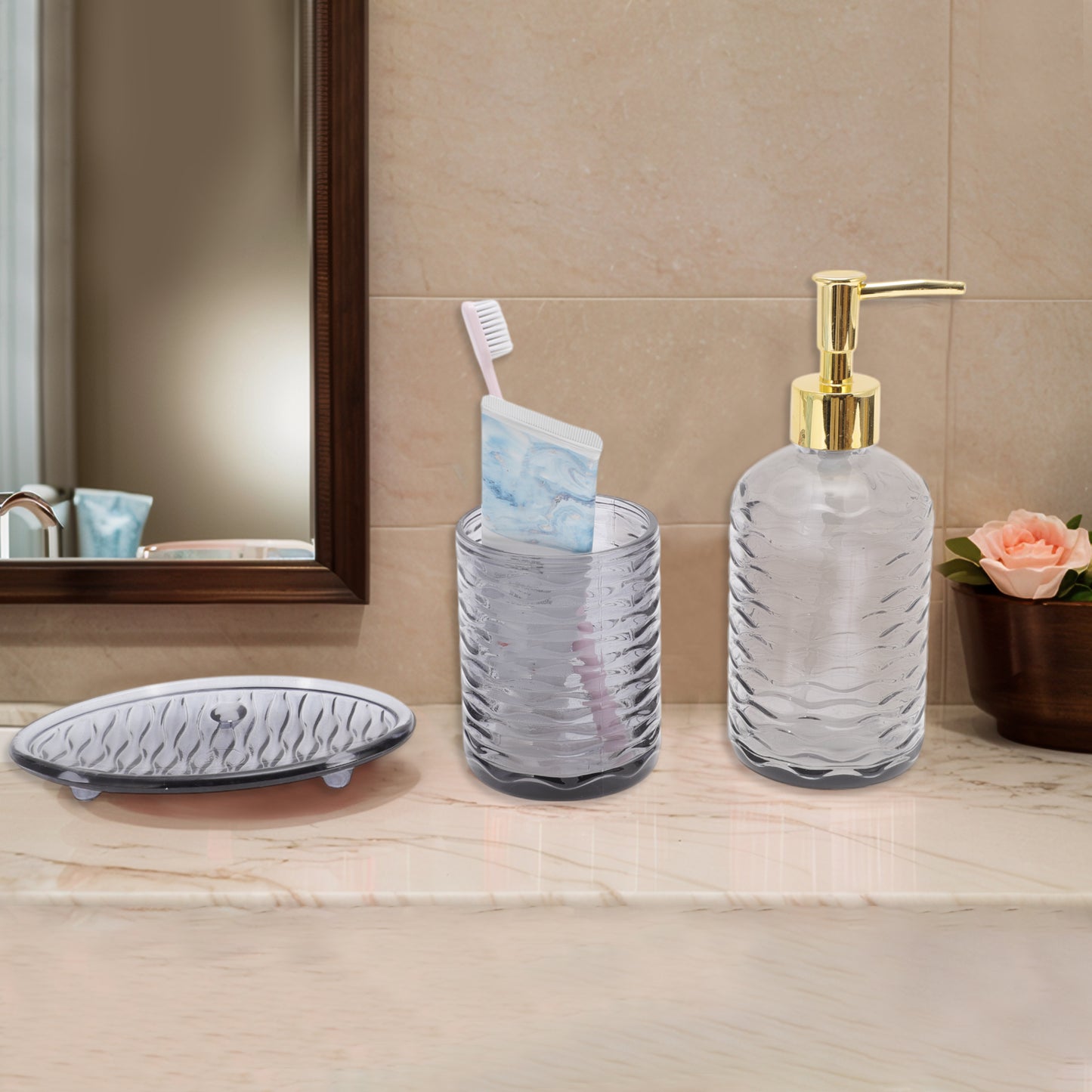 4 Pcs Set Reusable Waves Bathroom Accessories Kit Black